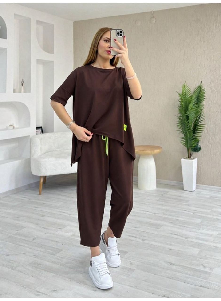 Kadın Kısa Kollu Bisiklet Yaka Viskon Iki Iplik Bluz Ve Pantolon Ikili Takım