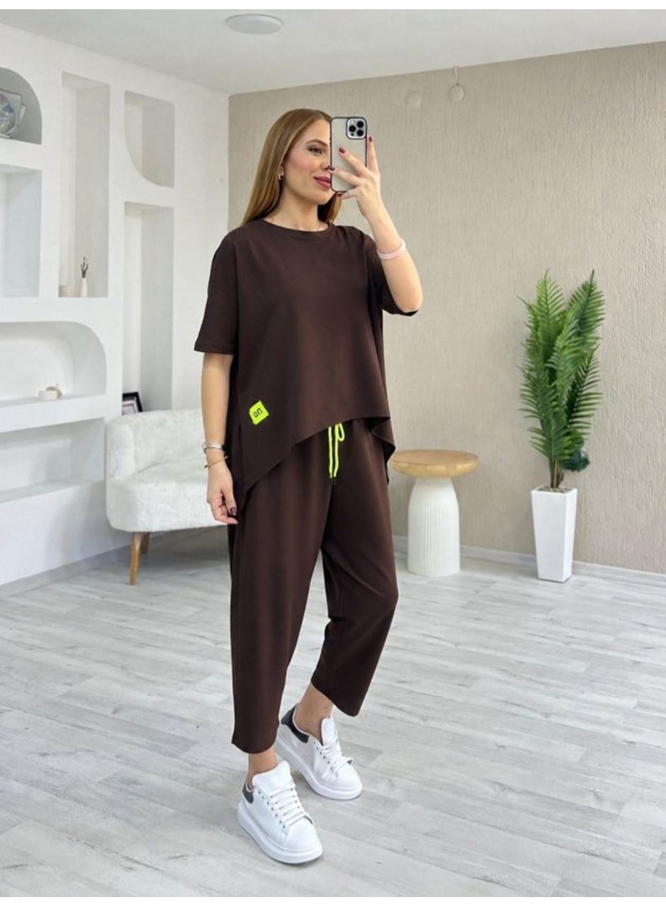 Kadın Kısa Kollu Bisiklet Yaka Viskon Iki Iplik Bluz Ve Pantolon Ikili Takım