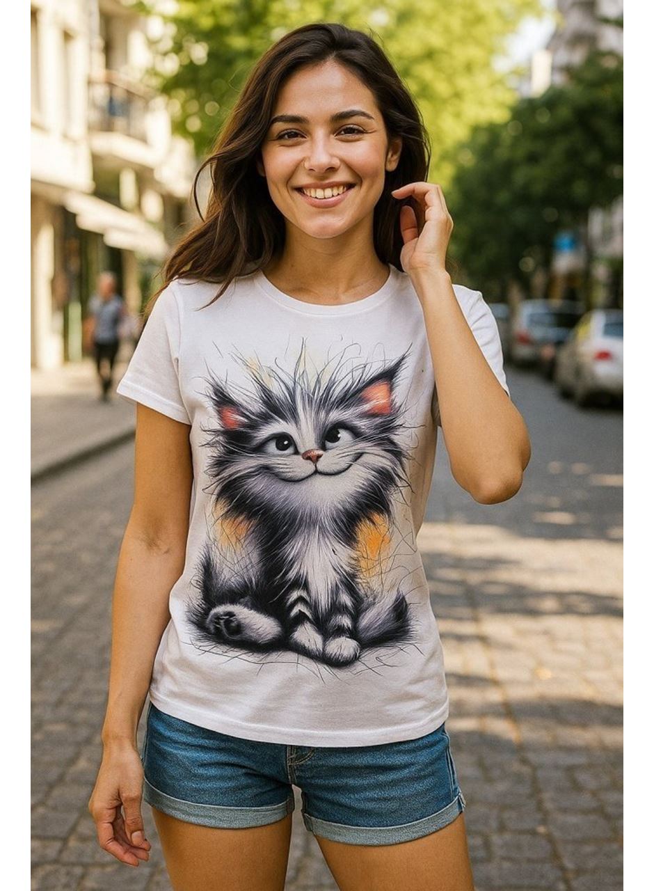 Kadın Kısa Kollu Bisiklet Yaka Kedi Baskılı Süprem Bluz