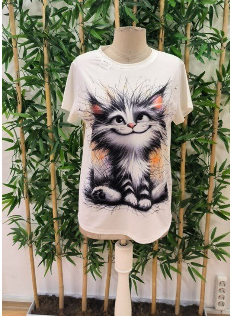 Kadın Kısa Kollu Bisiklet Yaka Kedi Baskılı Süprem Bluz