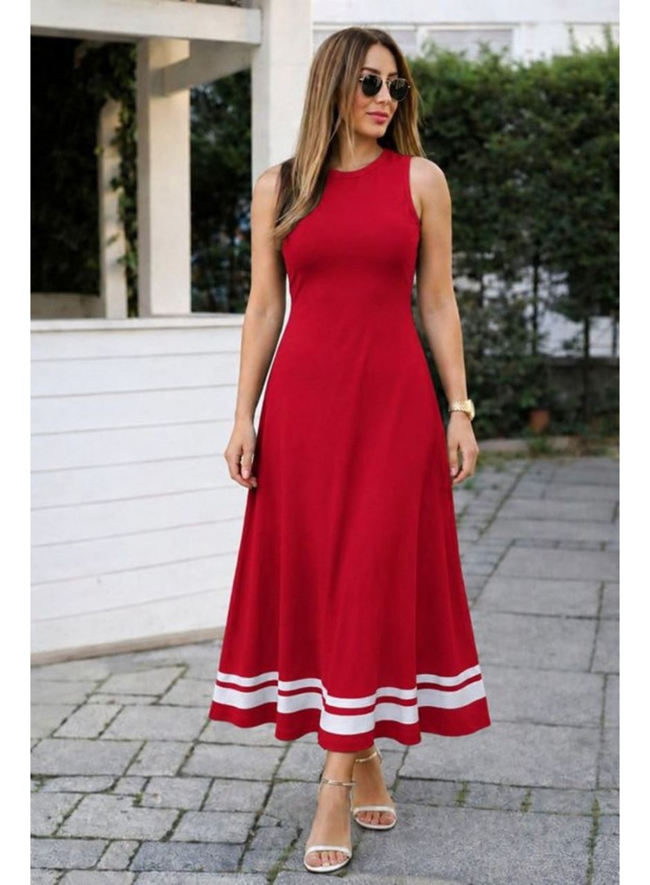Kadın Askılı Yuvarlak Yakalı Etek Ucu şerit Detaylı Uzun Viskon Elbise