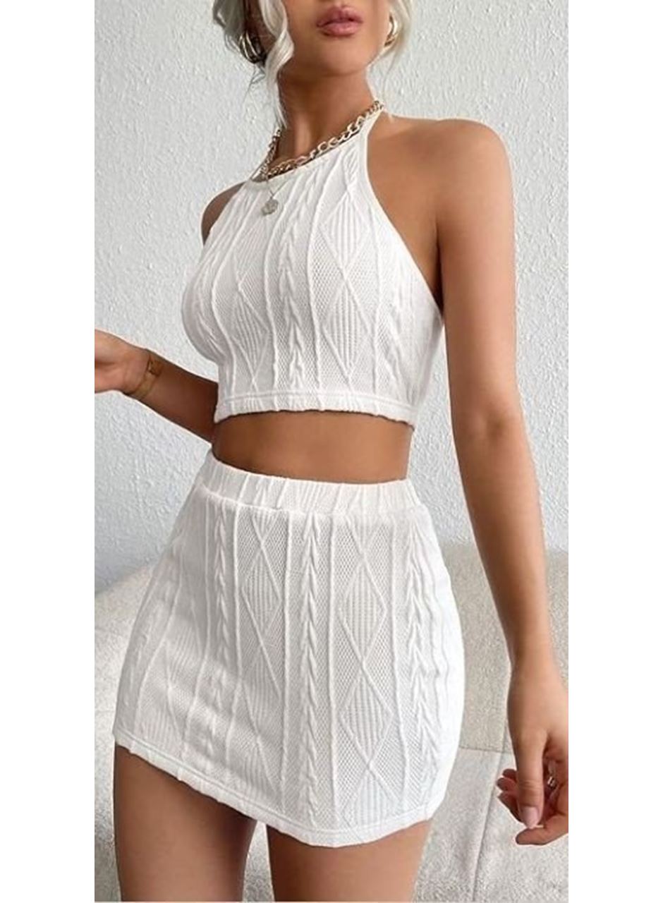 Kadın Sıfır Kol Crop Mini Etek Ikili Triko Takım