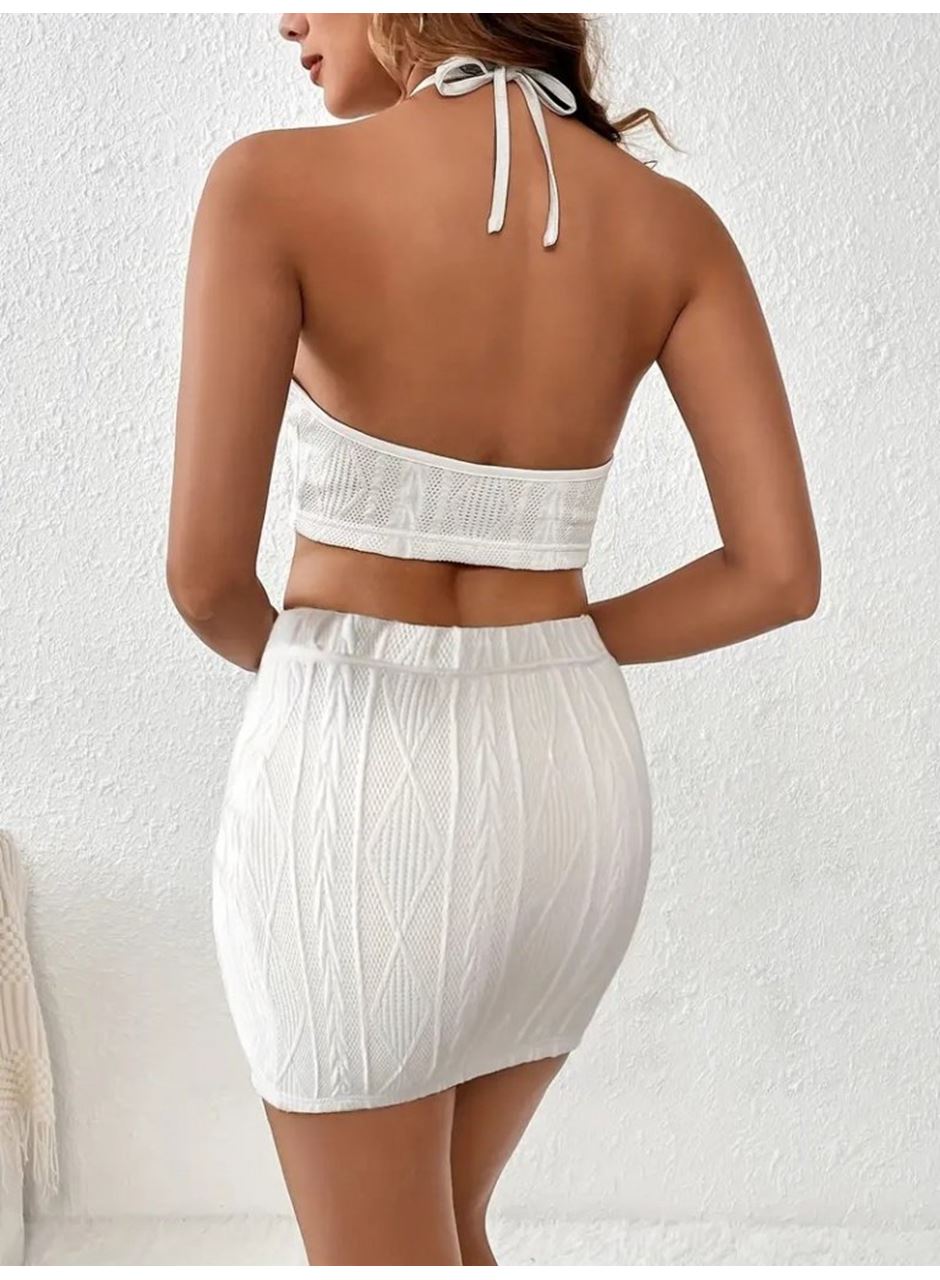 Kadın Sıfır Kol Crop Mini Etek Ikili Triko Takım