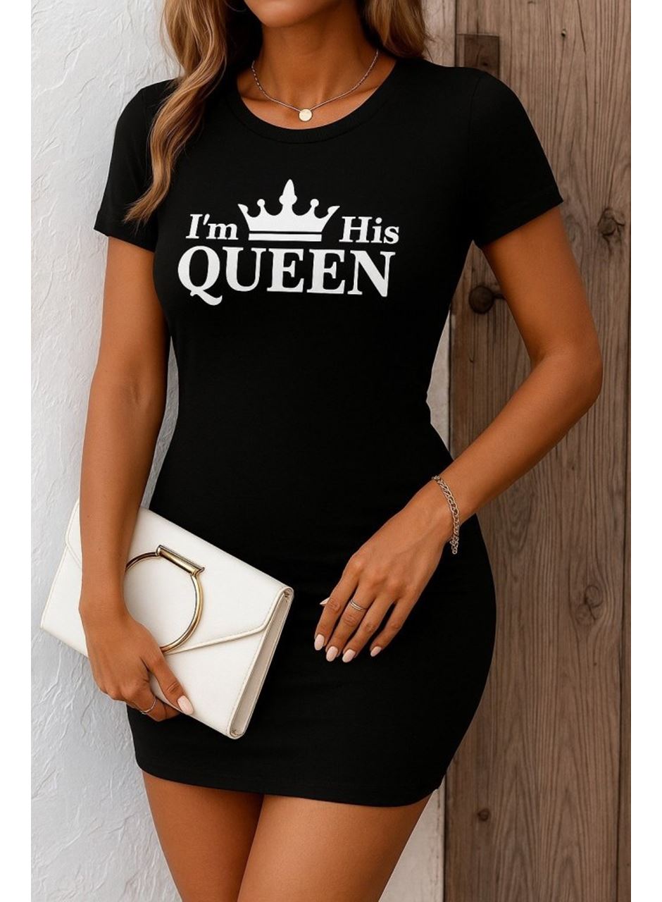 Kadın Kısa Kollu Queen Baskı Iki Iplik Mini Elbise