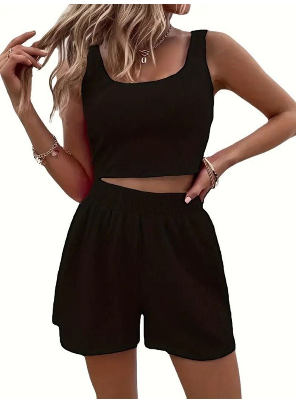 Kadın Askılı Yuvarlak Yakalı Burgu Krop Ve Bluz Short Ikili Takım