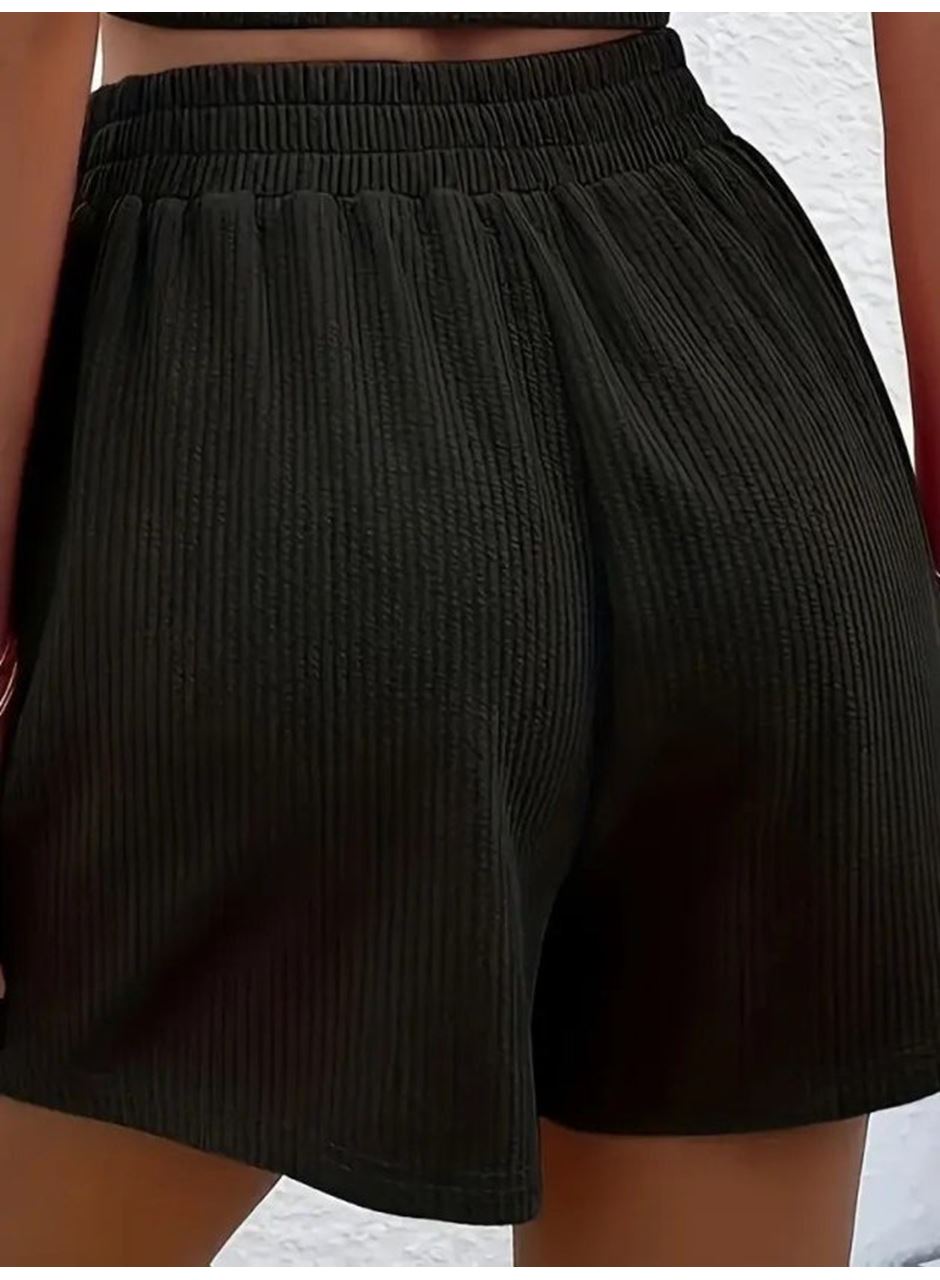 Kadın Askılı Yuvarlak Yakalı Burgu Krop Ve Bluz Short Ikili Takım