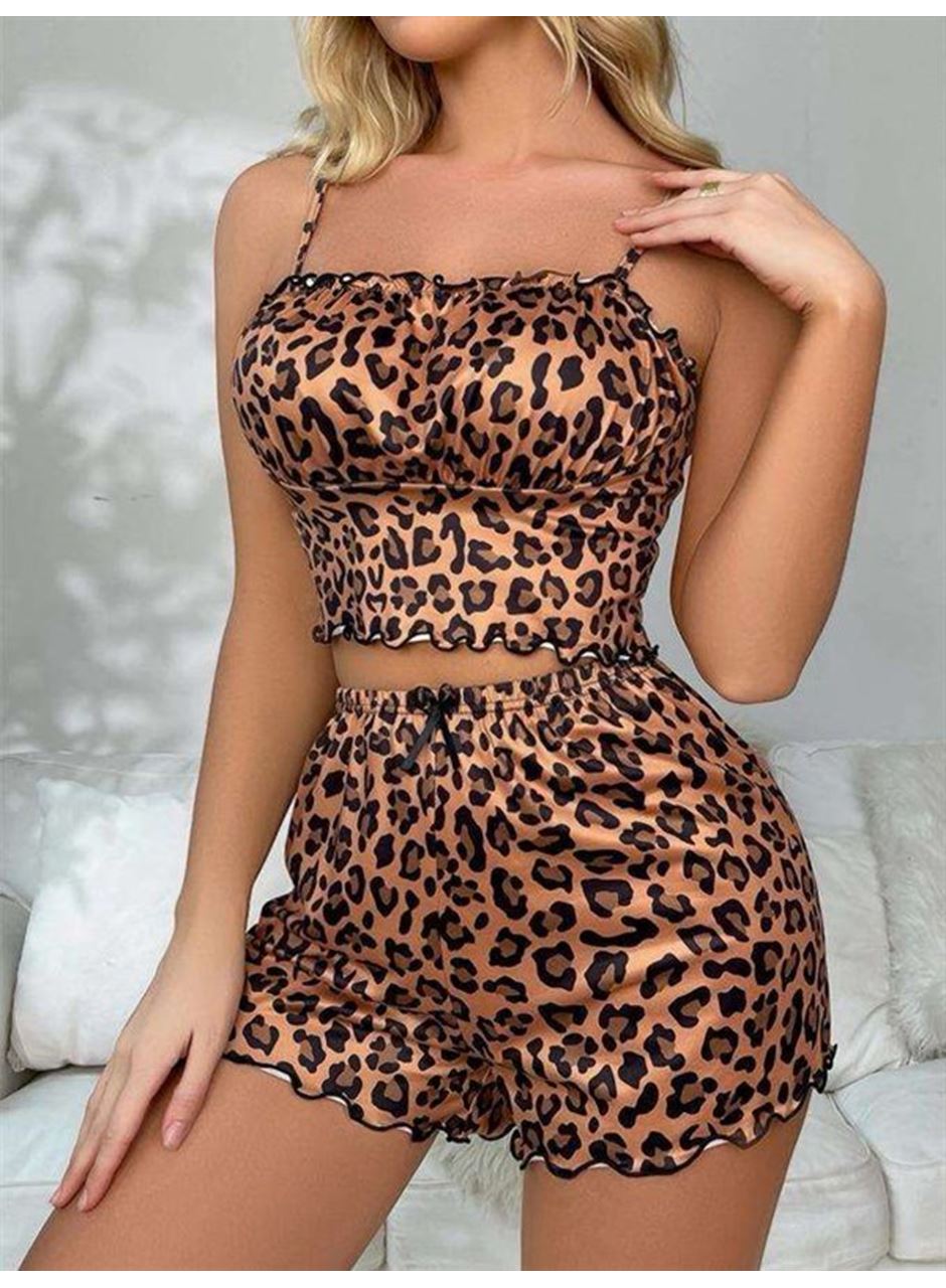 Leopar Desenli İnce Askılı Şortlu Pijama Takımı