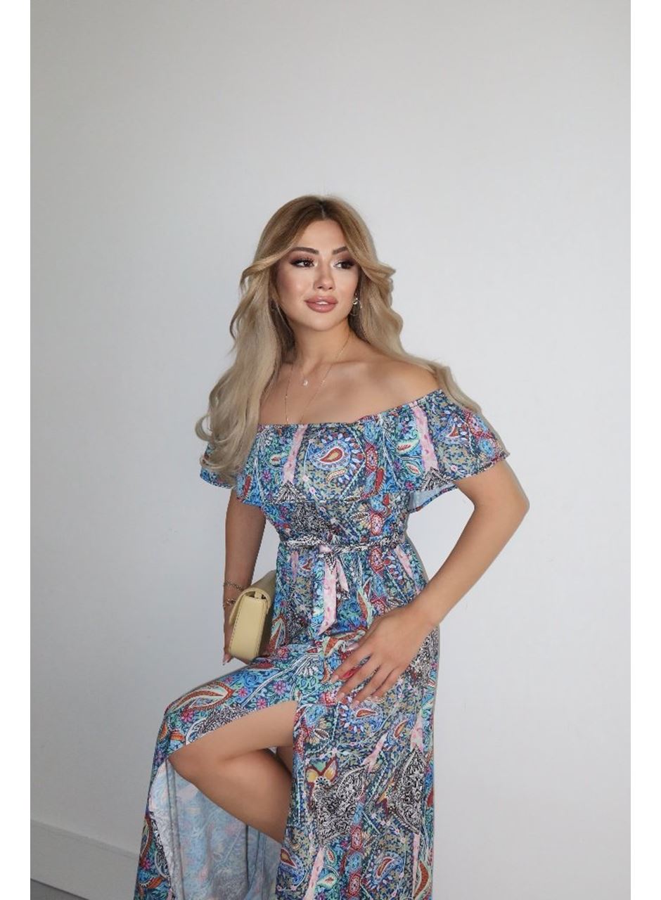 Kadın Kısa Kollu Madonna Yaka Fırfırlı Belden Yırtmaçlı Maksi Süprem Elbise