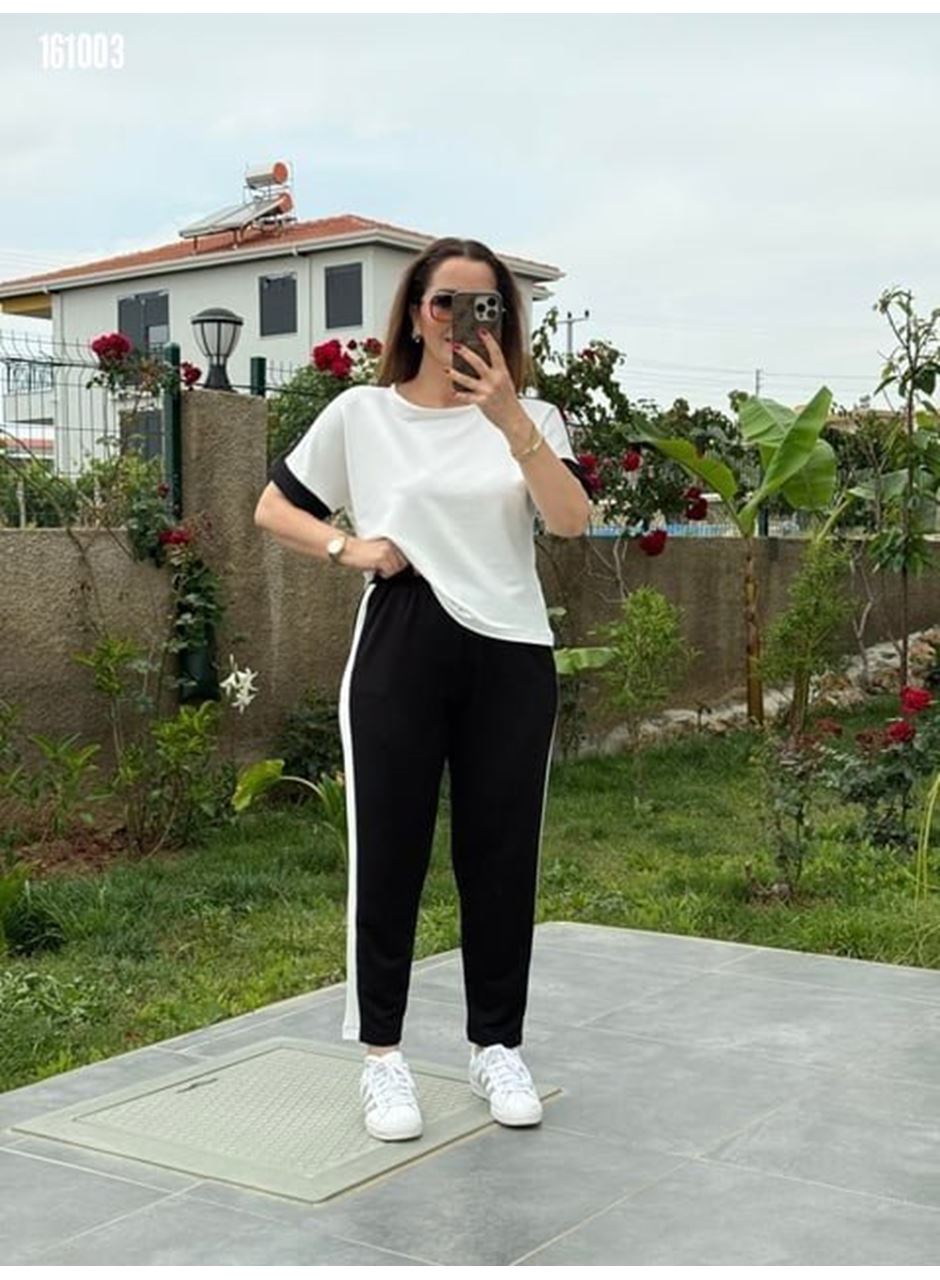 Kadın Kısa Kollu Modal Dokulu Kumaş Yanı şeritli Takım