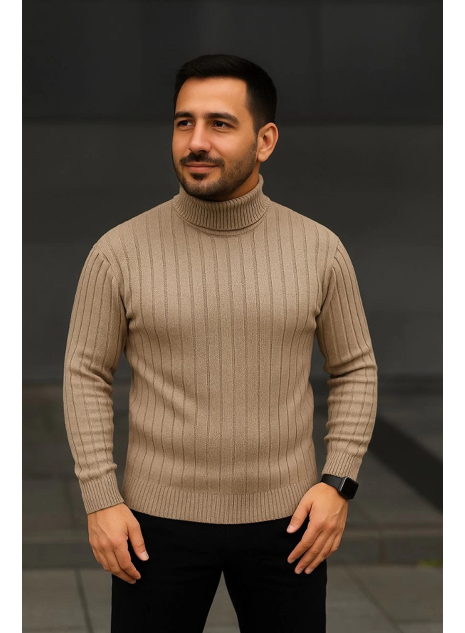 Erkek Balıkcı Yaka Bağazlı Triko Kazak Pamuklu Kalın Fitilli Dokuma, Regular Fit Uzun Kollu Kışlık Model - Bej