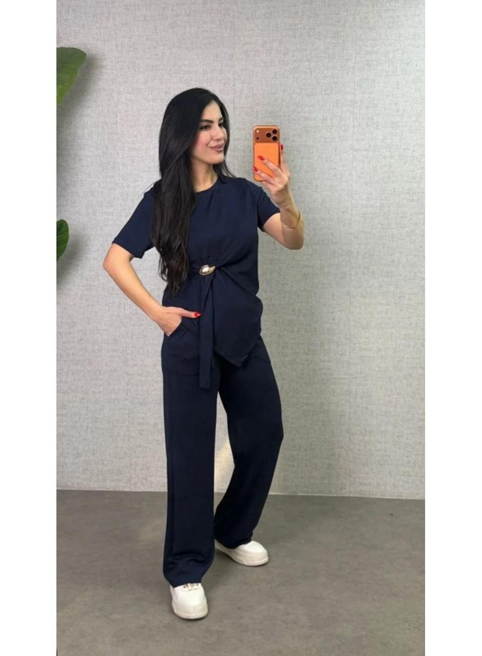 Kadın Kısa Kollu Bisiklet Yaka Yandan Toka Detaylı Viskon Iki Iplik Bluz Ve Pantolon Ikili Takım