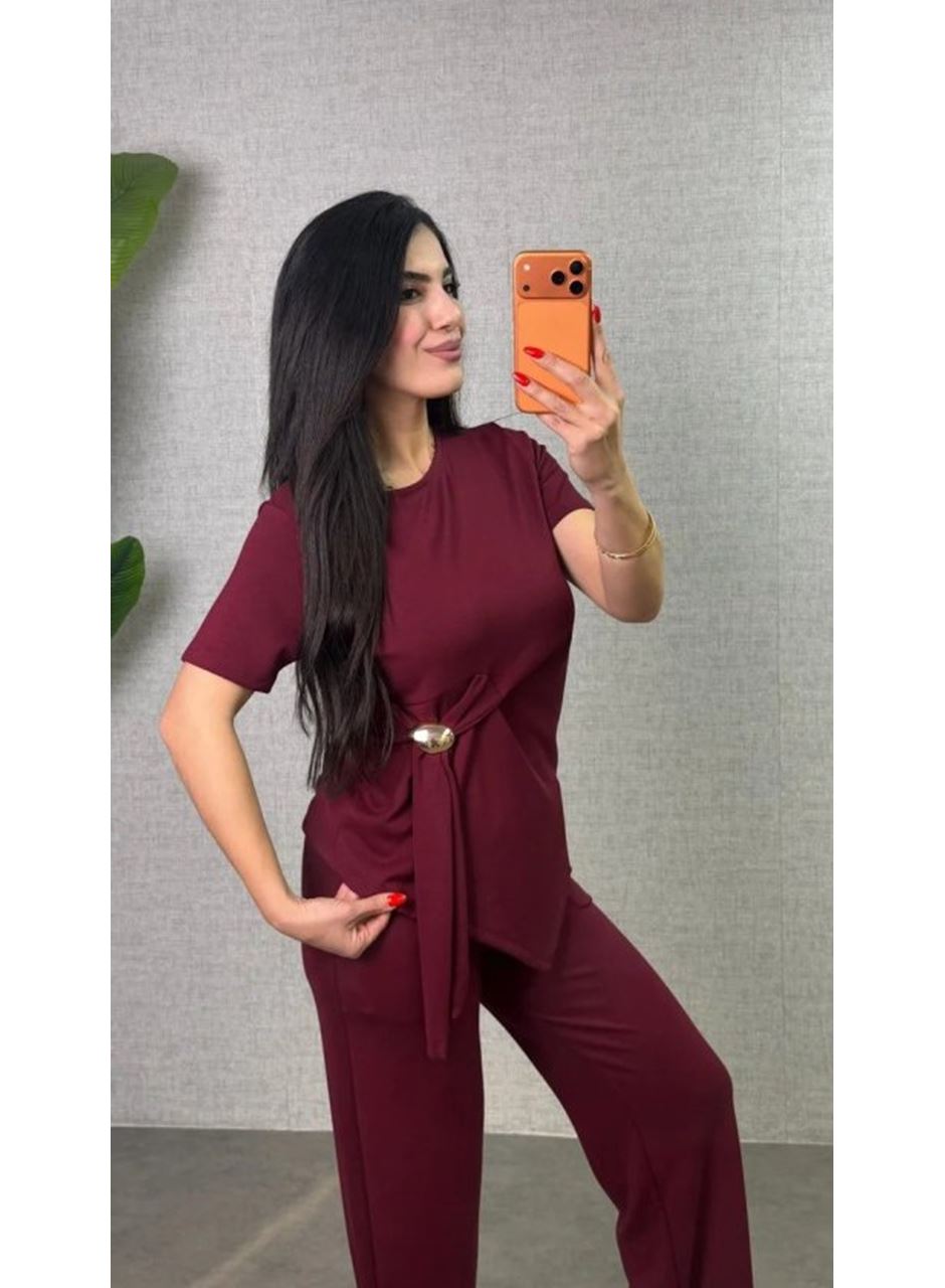 Kadın Kısa Kollu Bisiklet Yaka Yandan Toka Detaylı Viskon Iki Iplik Bluz Ve Pantolon Ikili Takım