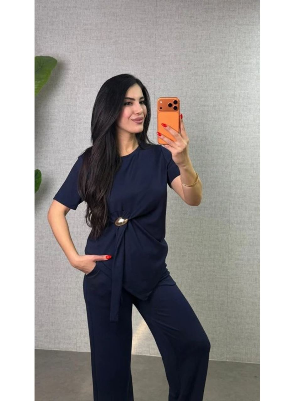 Kadın Kısa Kollu Bisiklet Yaka Yandan Toka Detaylı Viskon Iki Iplik Bluz Ve Pantolon Ikili Takım