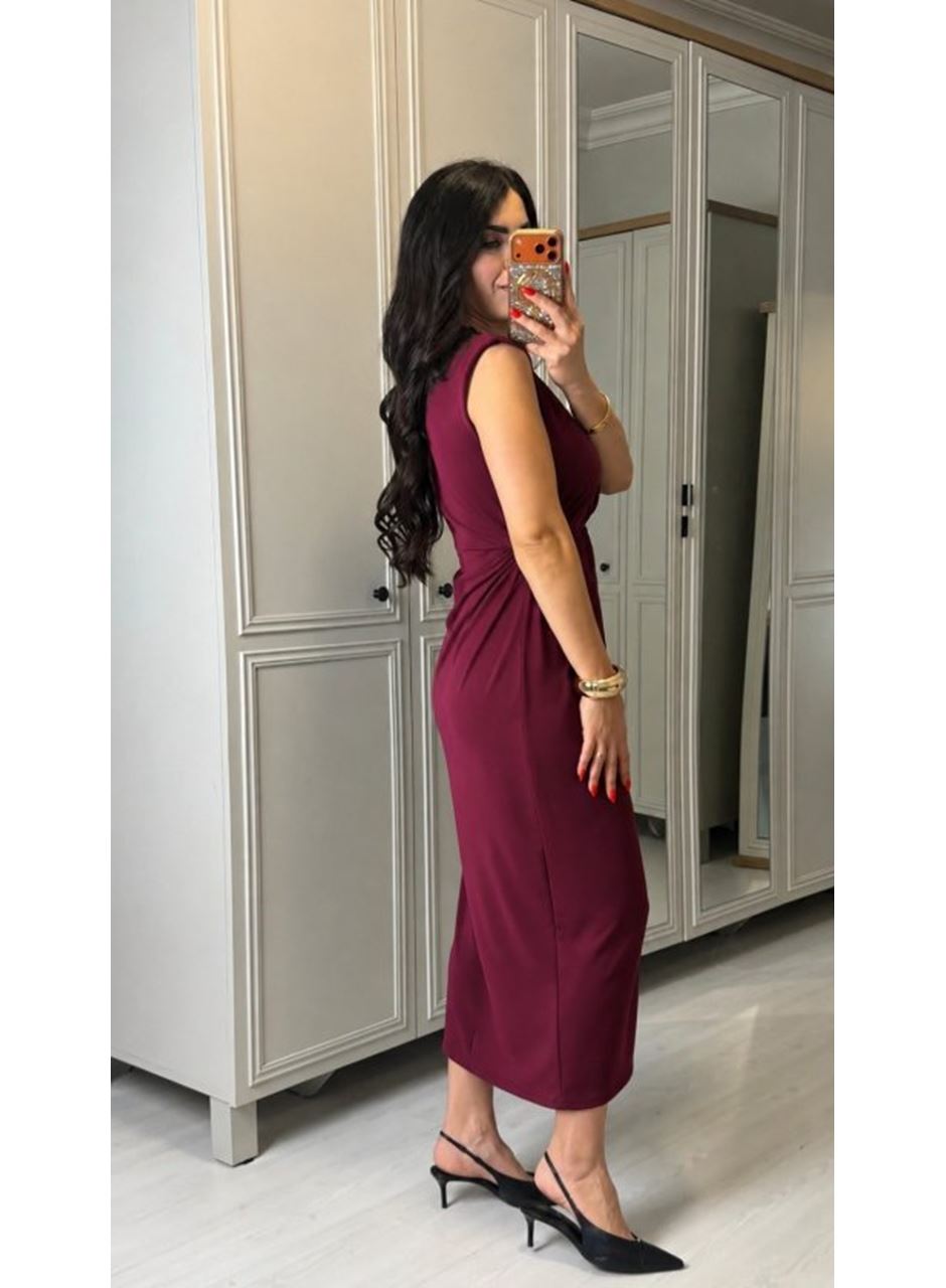 Kadın Kısa Kollu V Yakalı önü Sarmal Detaylı Yırtmaçlı Sandy Midi Elbise