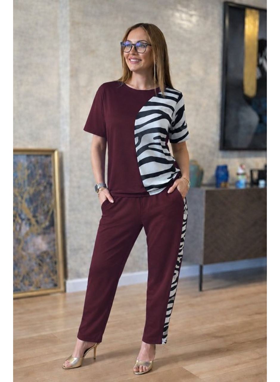 Kadın Kısa Kollu Bisiklet Yaka Zebra Desen Bluz Ve Pantolon Ikili Takım
