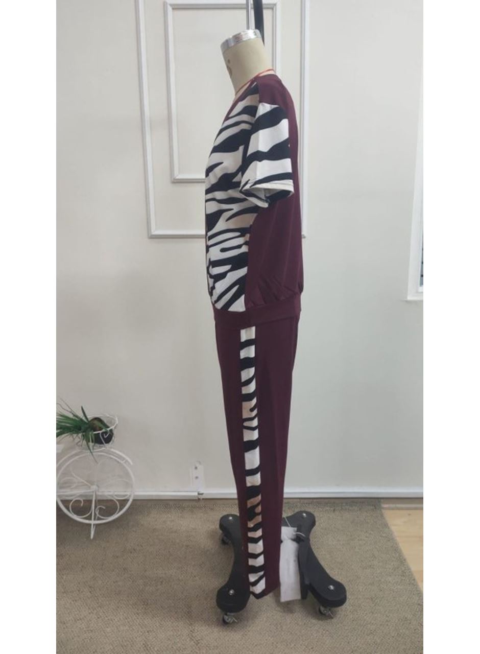 Kadın Kısa Kollu Bisiklet Yaka Zebra Desen Bluz Ve Pantolon Ikili Takım