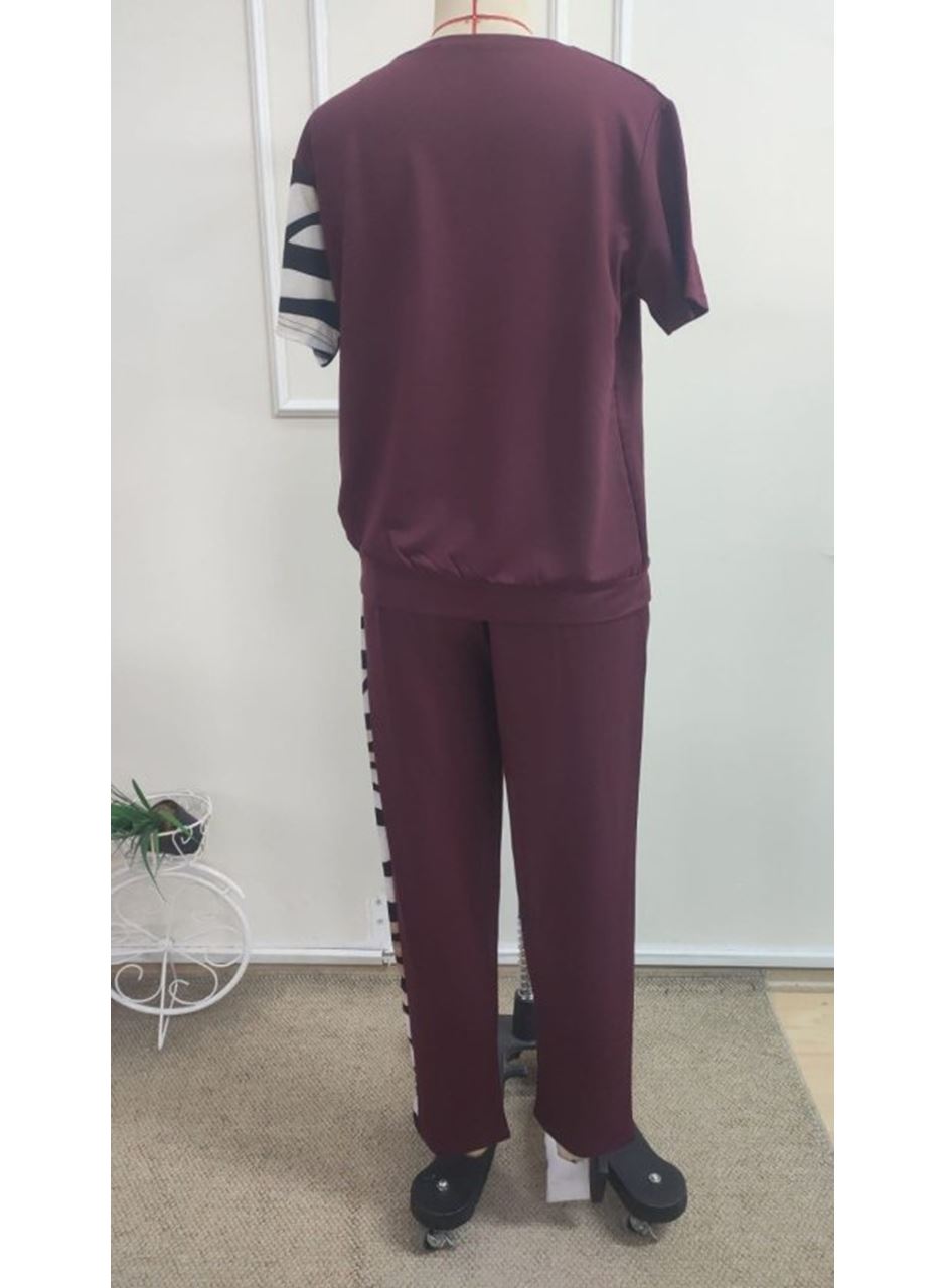 Kadın Kısa Kollu Bisiklet Yaka Zebra Desen Bluz Ve Pantolon Ikili Takım