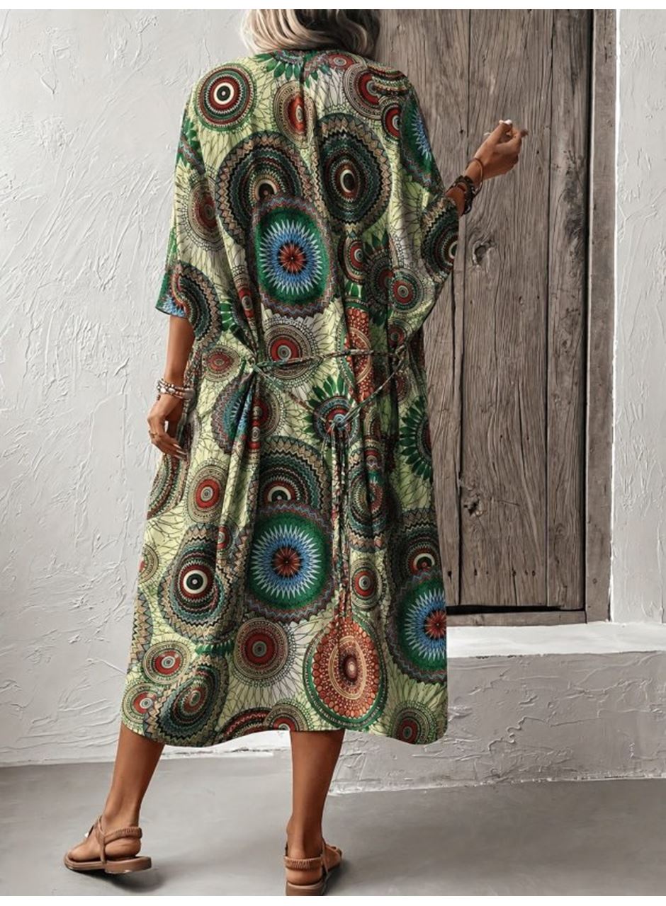 Kadın Kısa Kollu önü Açık Belden Kuşaklı Uzun Kimono