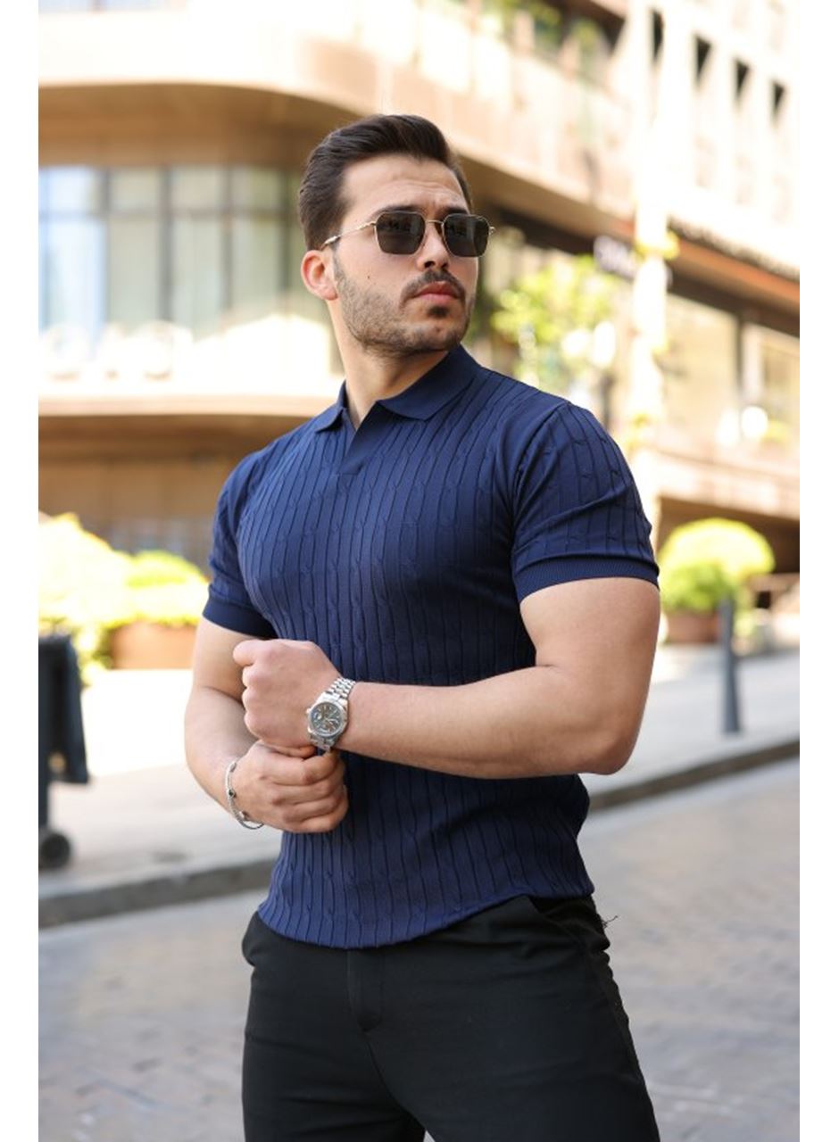 Erkek Örgü Desen Yakalı Kısa Kollu Triko Tişört