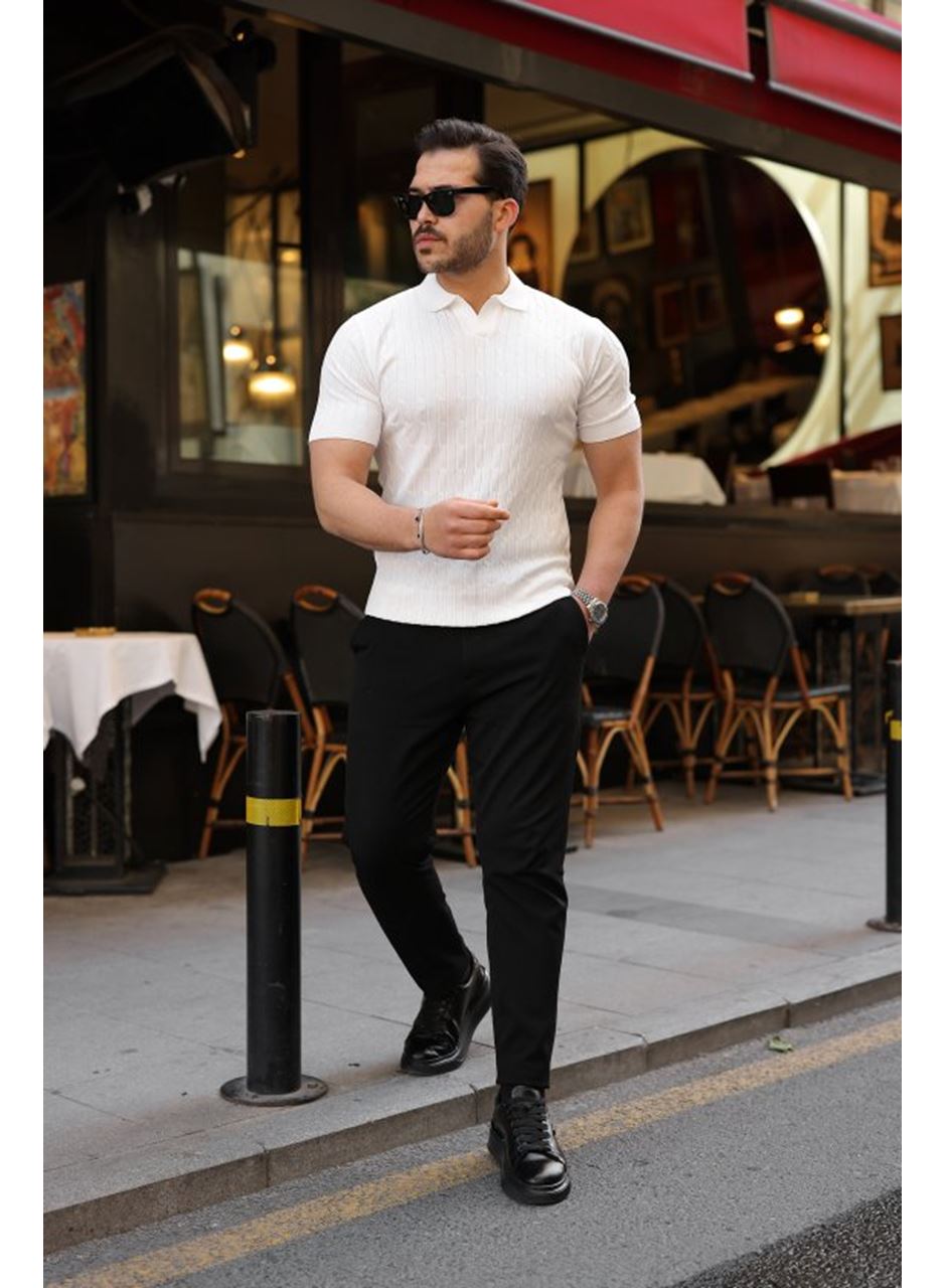 Erkek Örgü Desen Yakalı Kısa Kollu Triko Tişört