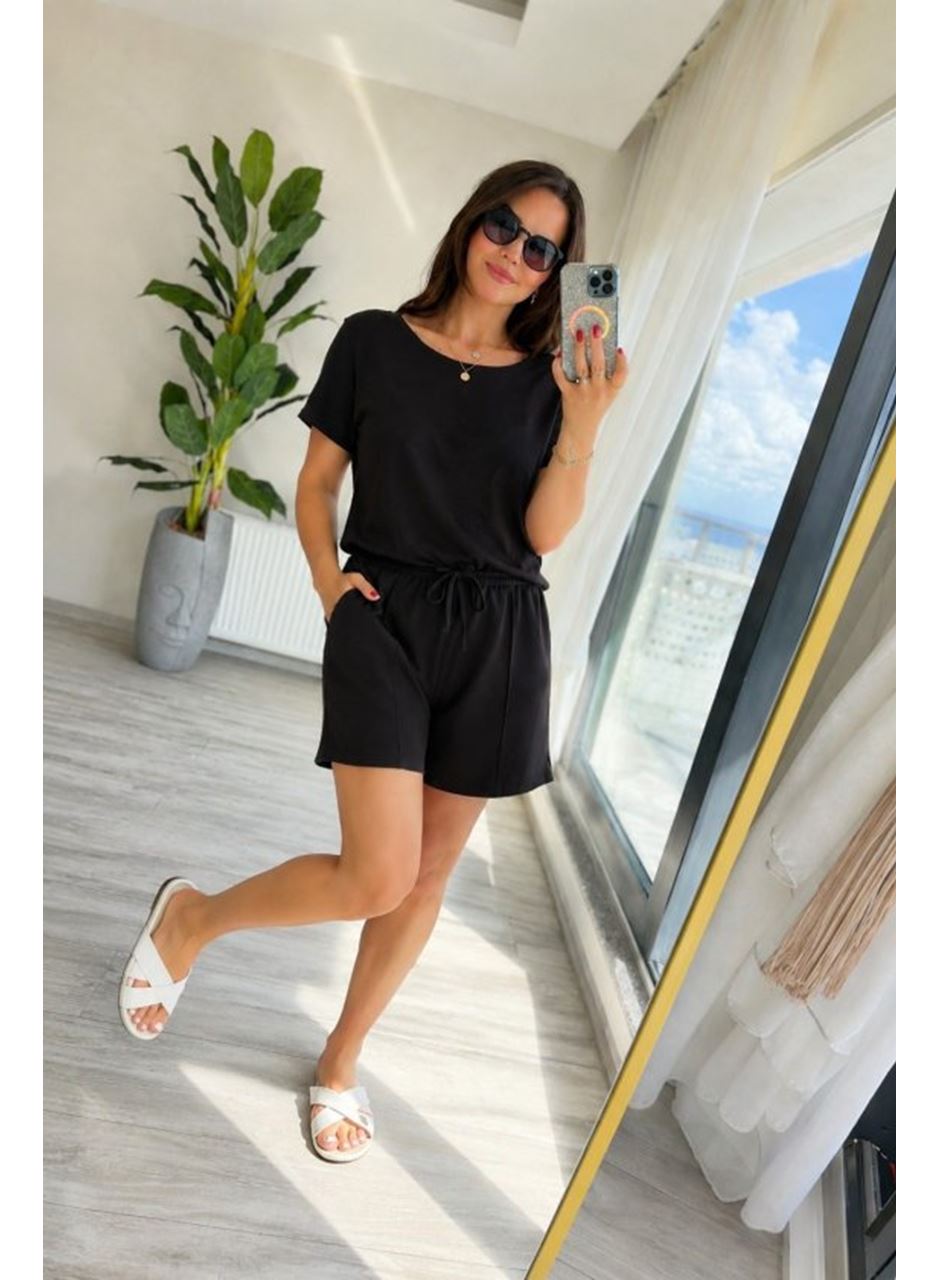 Kadın Kısa Kollu Yakası Açık Modal Bluz Ve Bağcıklı Kısa şort Ikili Takım