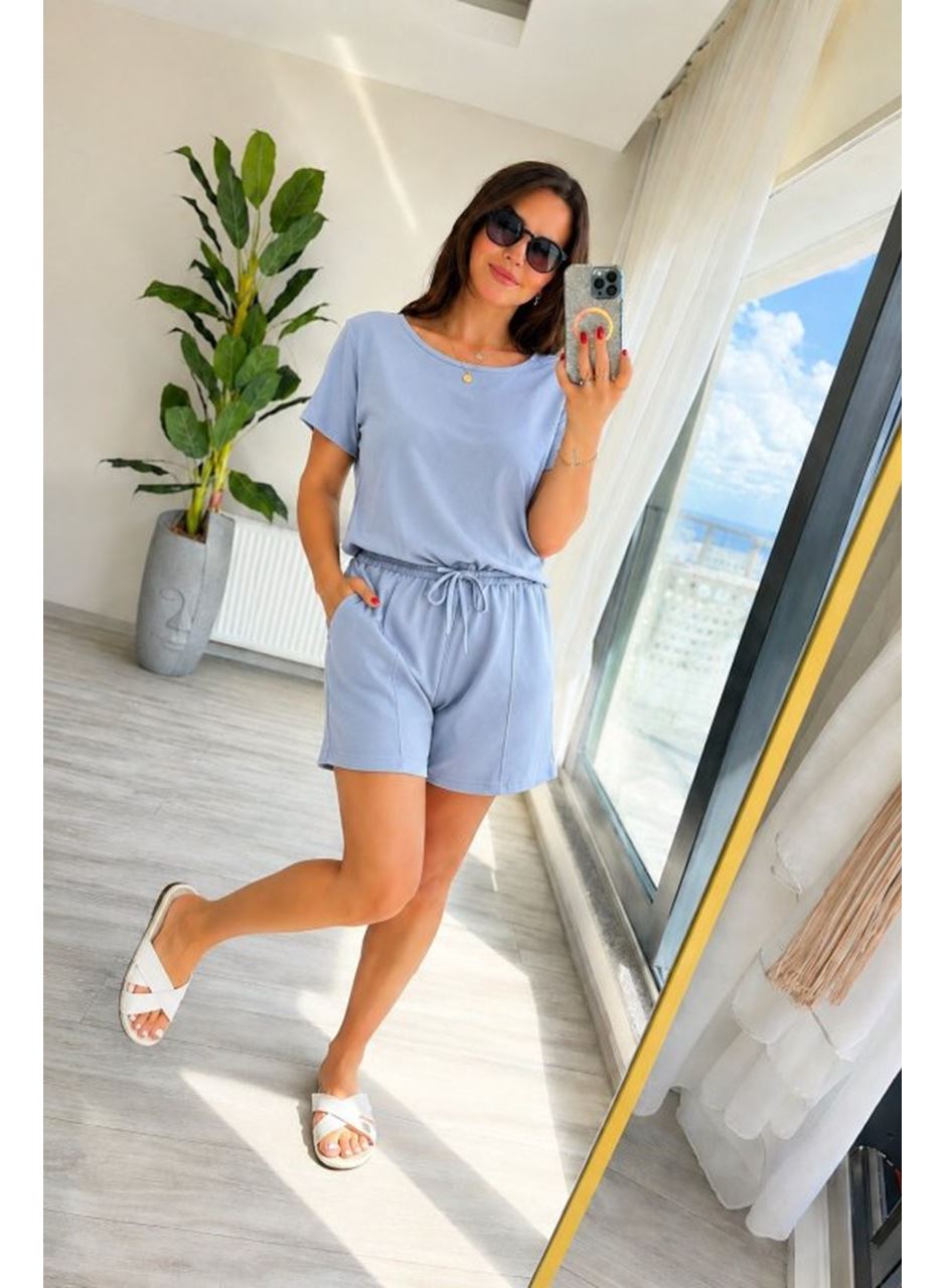 Kadın Kısa Kollu Yakası Açık Modal Bluz Ve Bağcıklı Kısa şort Ikili Takım