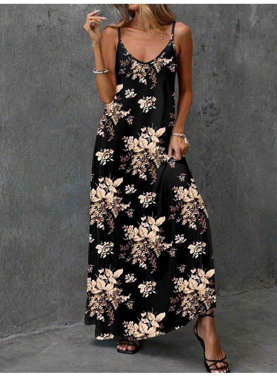 Kadın Ip Askılı V Yakalı çiçek Desenli Süprem Elbise