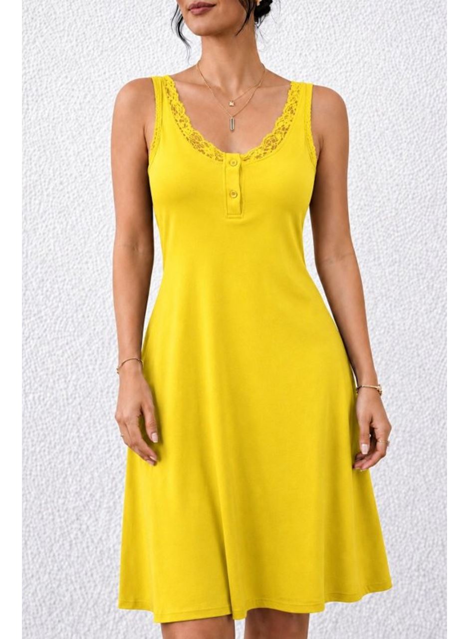 Kadın Askılı Yuvarlak Yakalı Düğme Detaylı Kısa Viskon Elbise