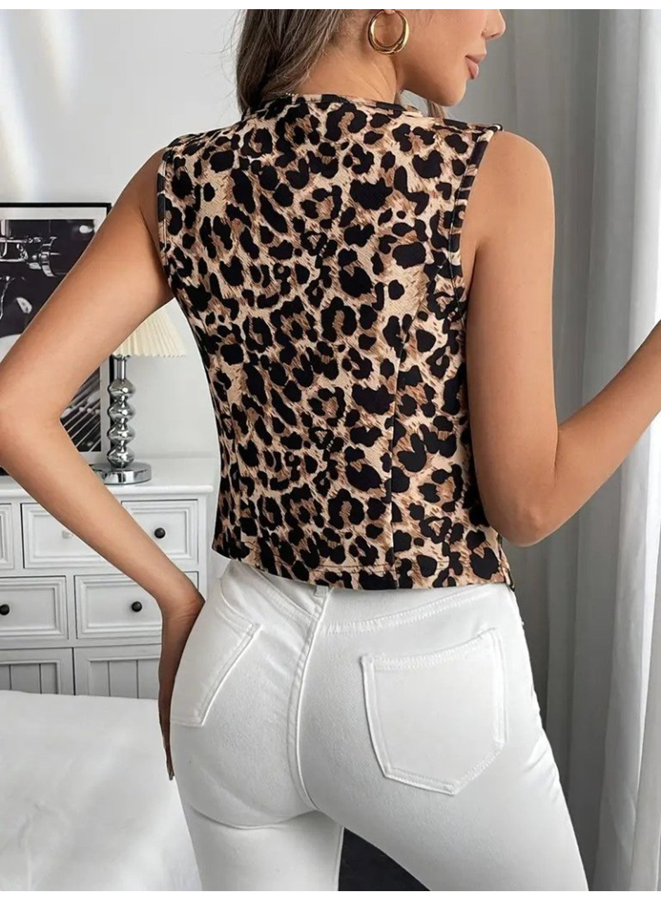 Kadın Askılı V Yakalı önden Düğmeli Leopar Desenli Atlas Ceket