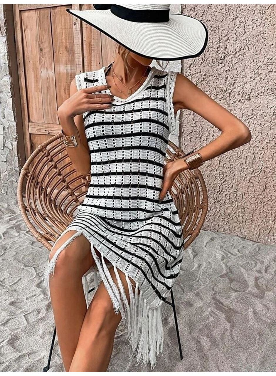 Kadın Kolsuz Eteği Püsküllü çizgi Desen Triko Elbise