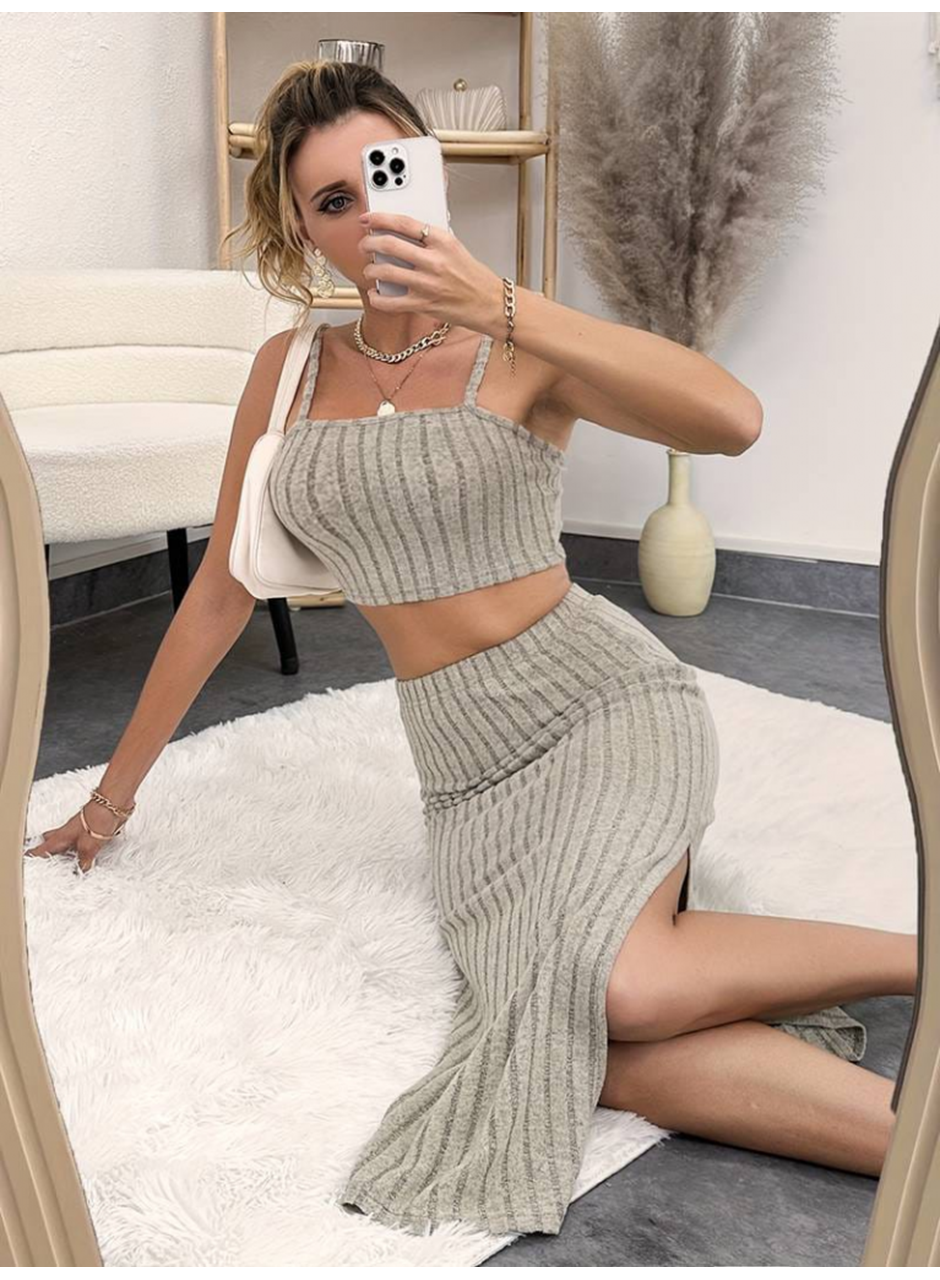 Kadın Kolsuz Askılı Crop Yırtmaçlı Midi Etek Fitilli Kaşkorse Takım