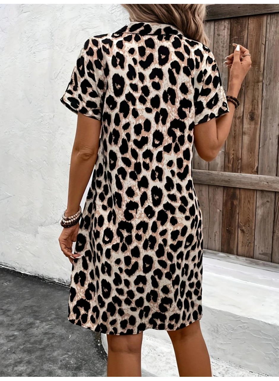 Kadın Kısa Kollu Yakalı Leopar Desenli Süprem Elbise