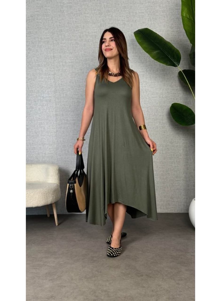 Kadın Askılı V Yakalı Halka Detaylı Asimetrik Kesim Detaylı Viskon Maxi Elbise