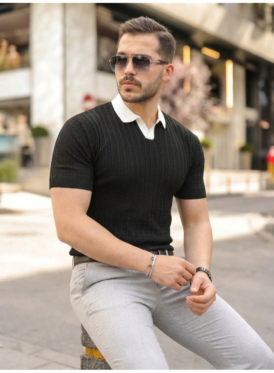Erkek Yaka Detaylı Desen Dokulu Triko Tişört
