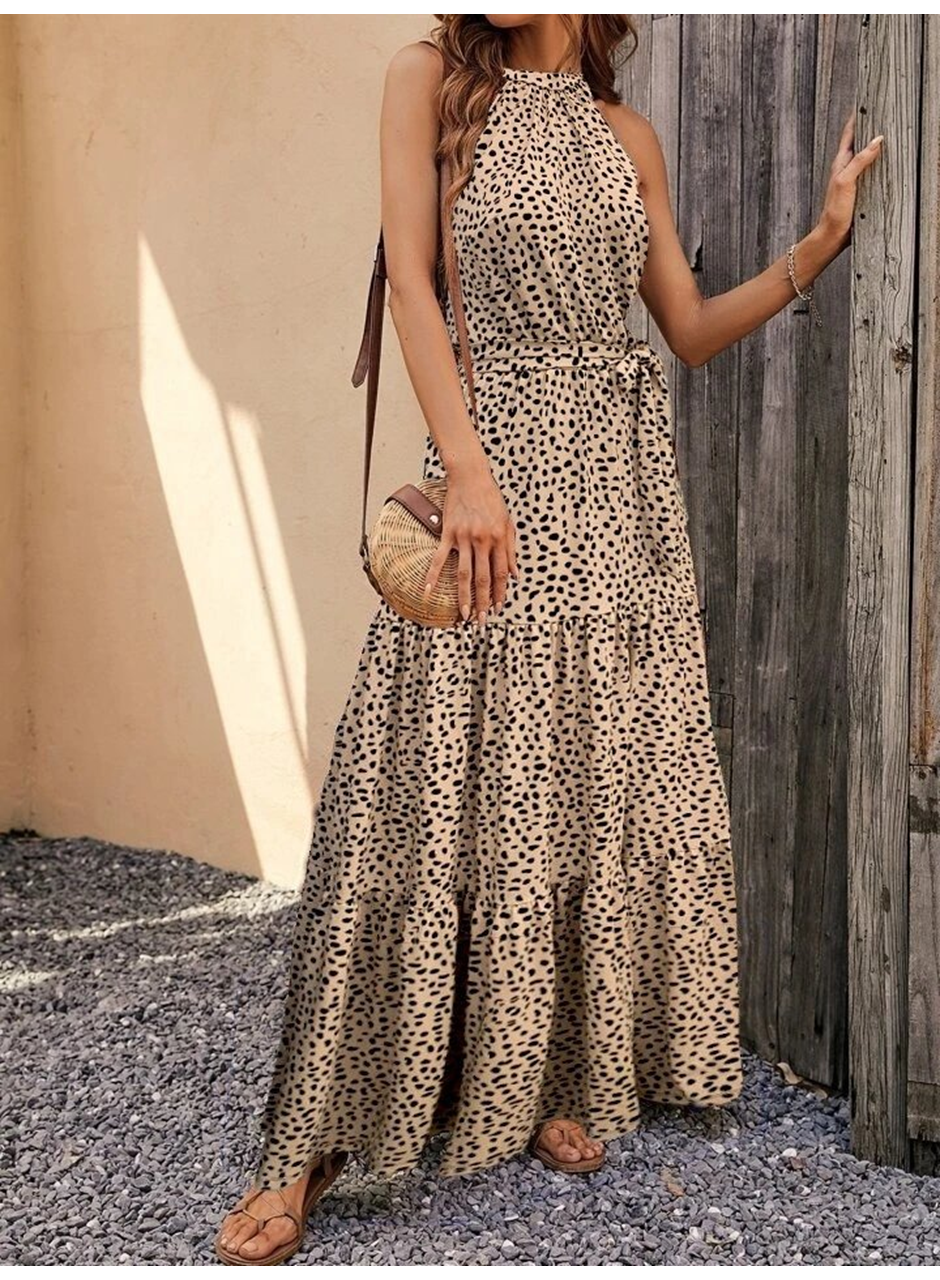 Kadın Kolsuz Halter Yaka Beli Lastiklileopar Desenli Mikro Elbise