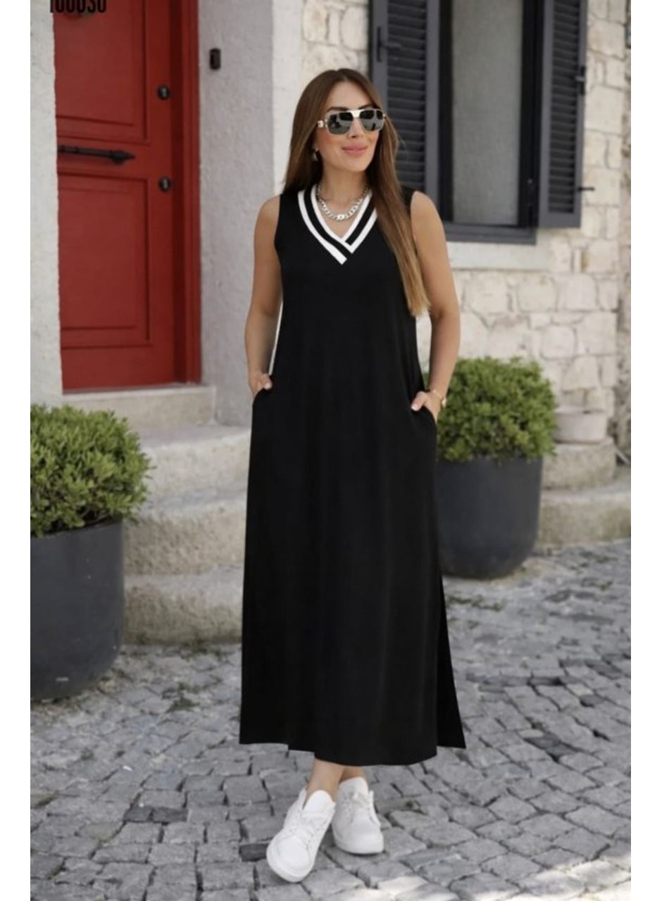 Kadın Kolsuz V Ribana Yakalı Cepli Uzun Viskon Iki Iplik Elbise