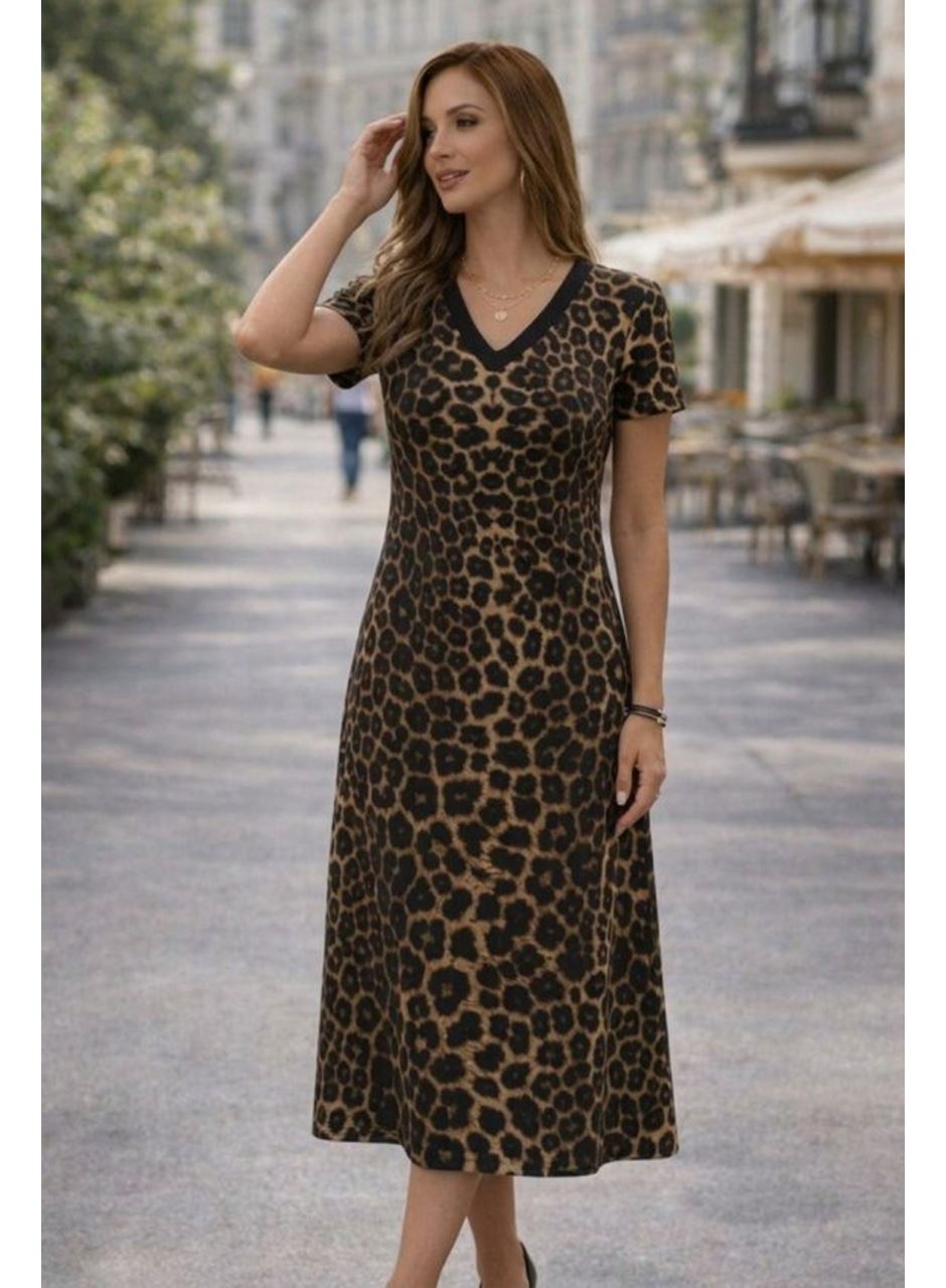 Kadın Kısa Kollu V Yakalı Leopar Desenli Kısa Süprem Elbise