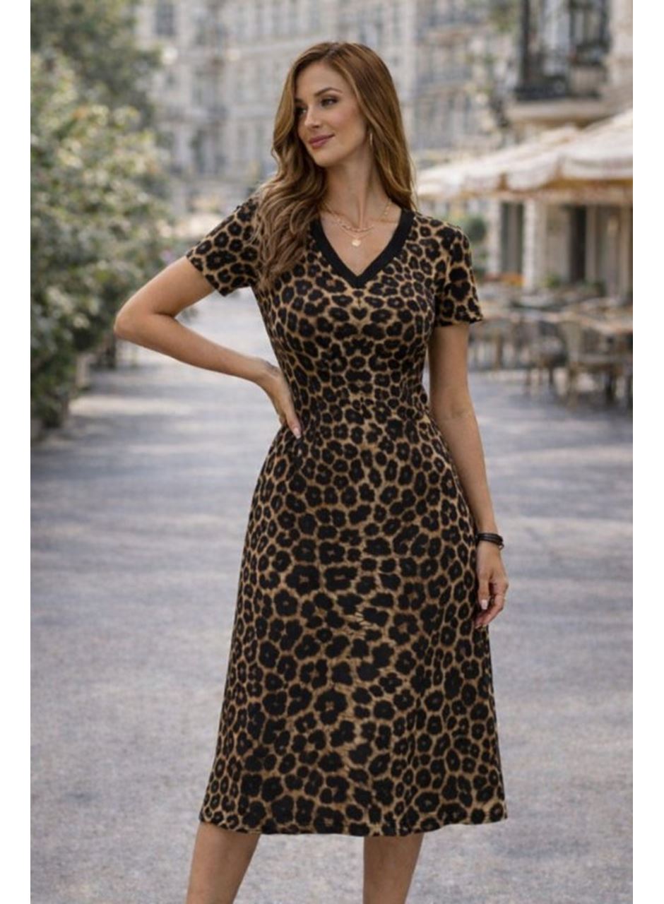 Kadın Kısa Kollu V Yakalı Leopar Desenli Kısa Süprem Elbise