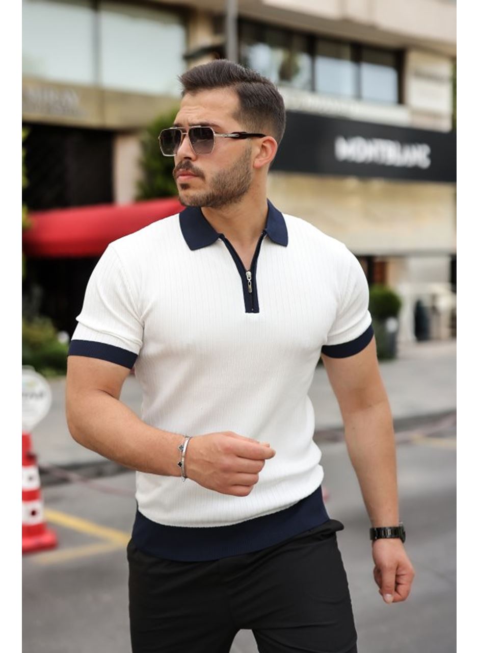 Erkek Yaka Ve Kol Detaylı Fermuar Yakalı Çizgi Desen Kısa Kollu Triko Tişört