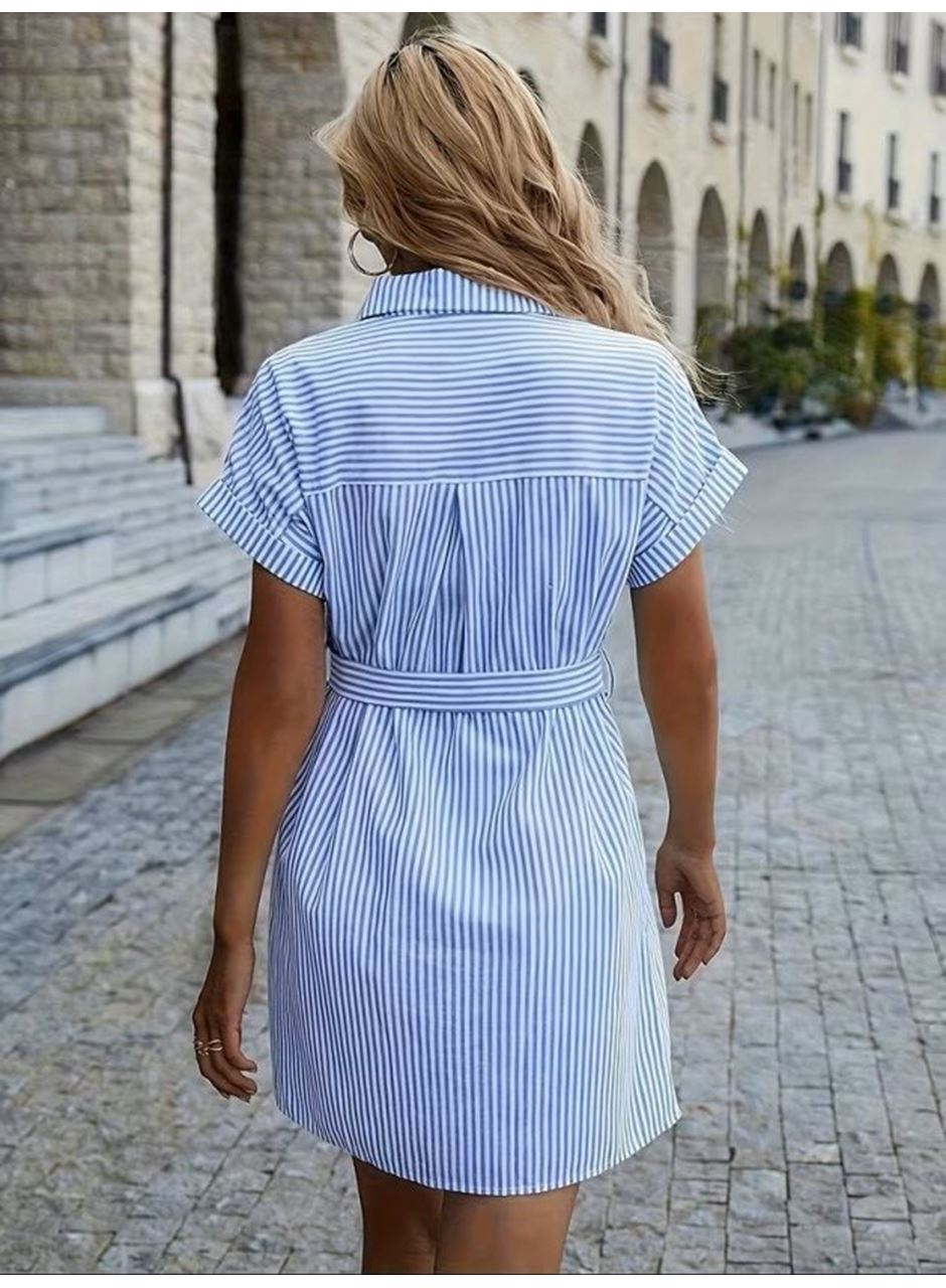 Kadın Kısa Kollu Yakalı önden Düğmeli Beli Kuşaklı Trikoton Elbise