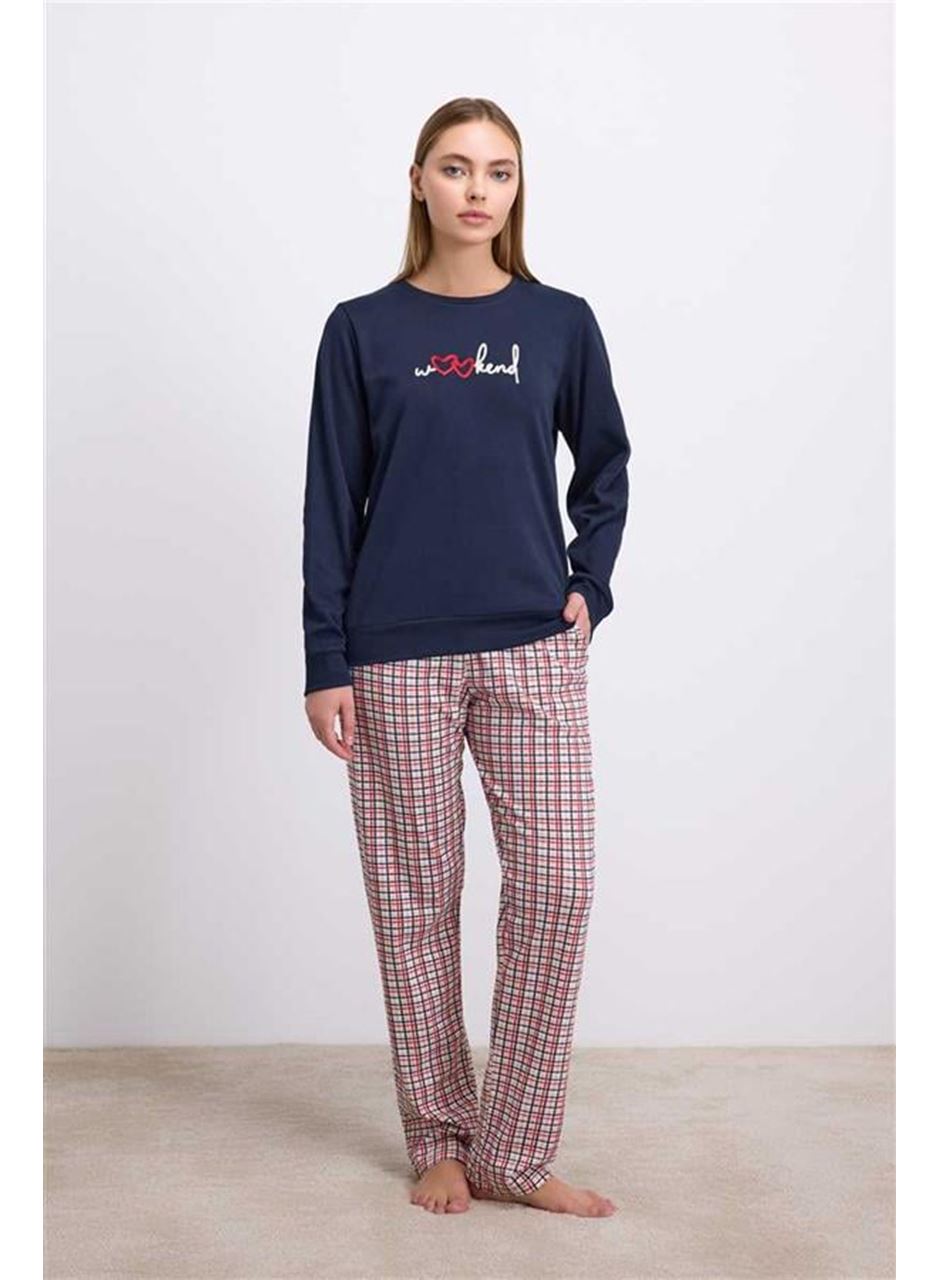 %100 Pamuklu Uzun Kol Sweatshirt ve Ekose Pantolon Pijama Takımı