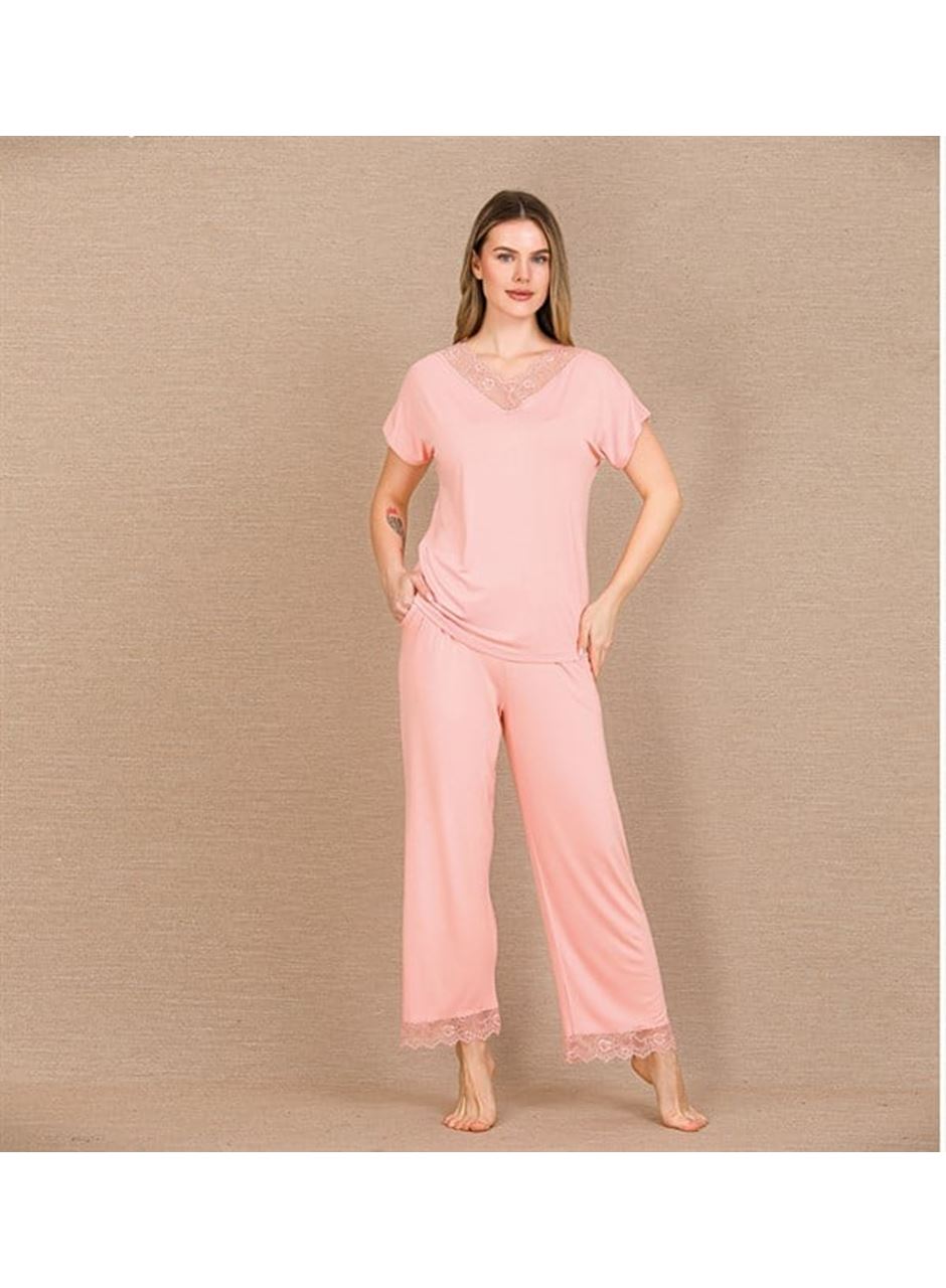 Viskon Şık Tasarım Dantel İşlemeli Açık Pembe Kısa Kol Pijama Takımı