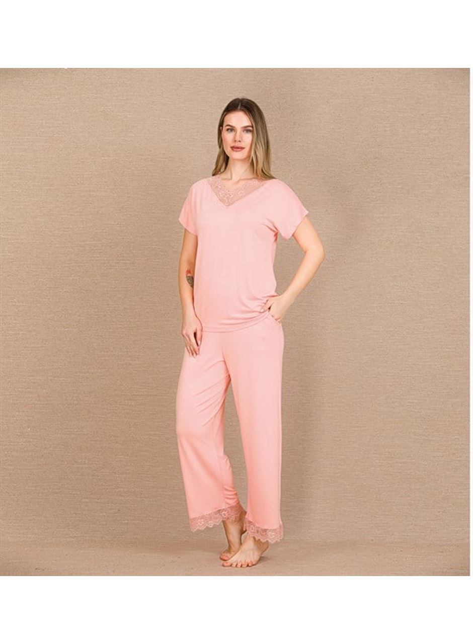 Viskon Şık Tasarım Dantel İşlemeli Açık Pembe Kısa Kol Pijama Takımı