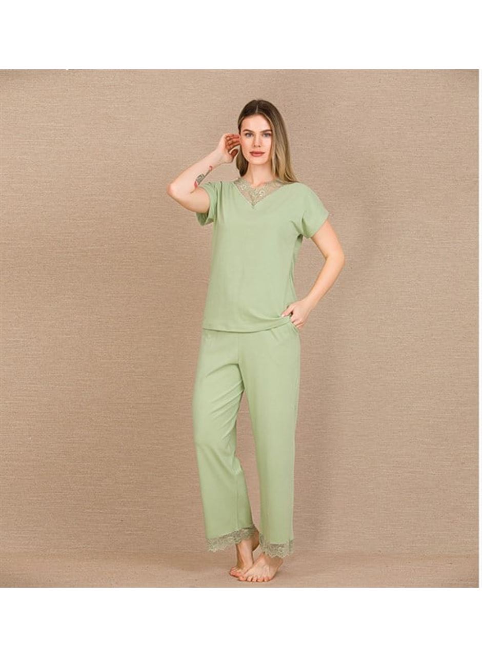 Pamuklu Şık Tasarım Dantel İşlemeli Yeşil Kısa Kol Pijama Takımı