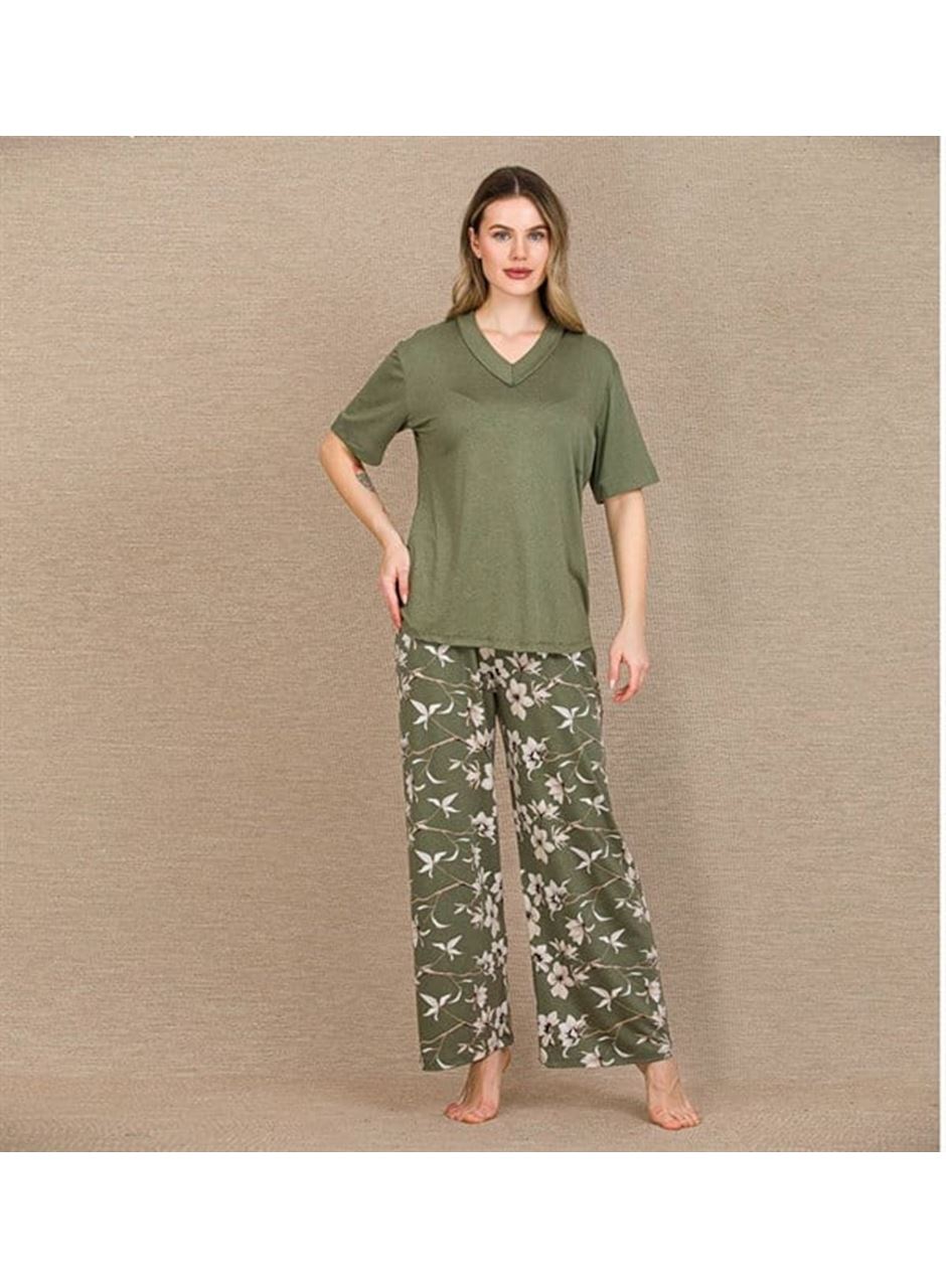 Şık Tasarım Çiçek Desenli Yeşil Kısa Kol Viskon Pijama Takımı