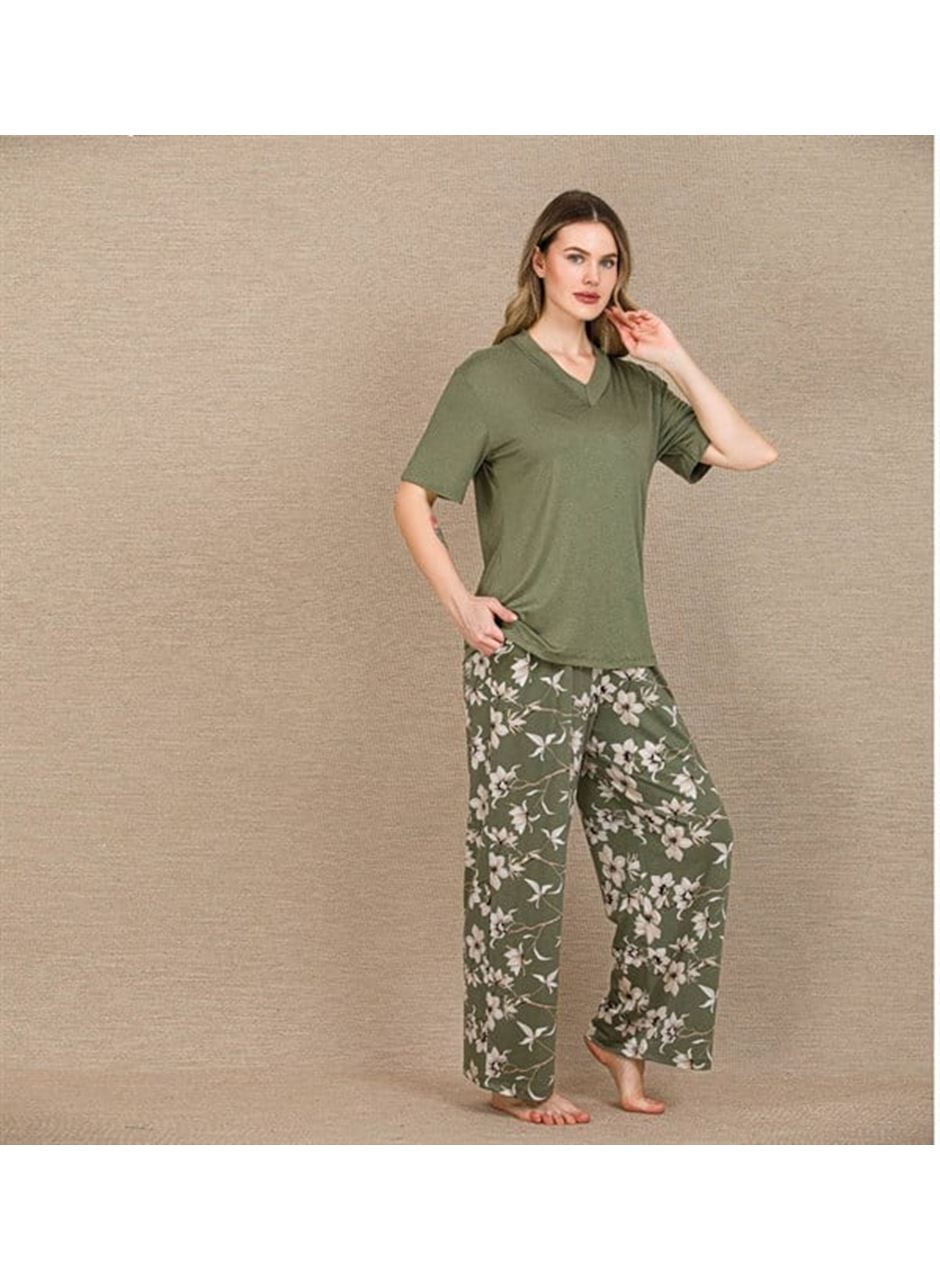 Şık Tasarım Çiçek Desenli Yeşil Kısa Kol Viskon Pijama Takımı