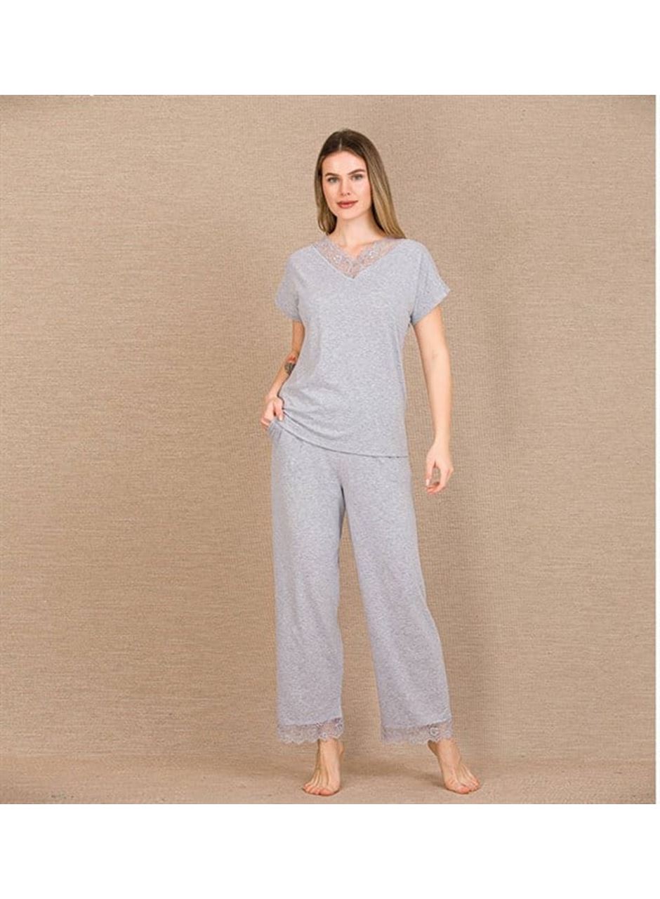 Viskon Şık Tasarım Dantel İşlemeli Gri Kısa Kol Pijama Takımı
