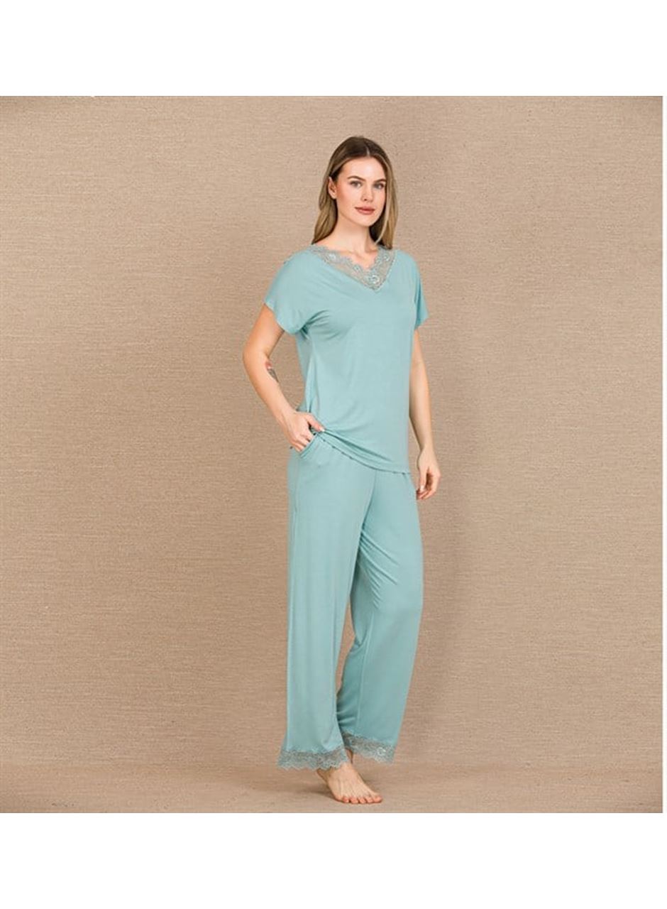 Viskon Şık Tasarım Dantel İşlemeli Mint Yeşil Kısa Kol Pijama Takımı