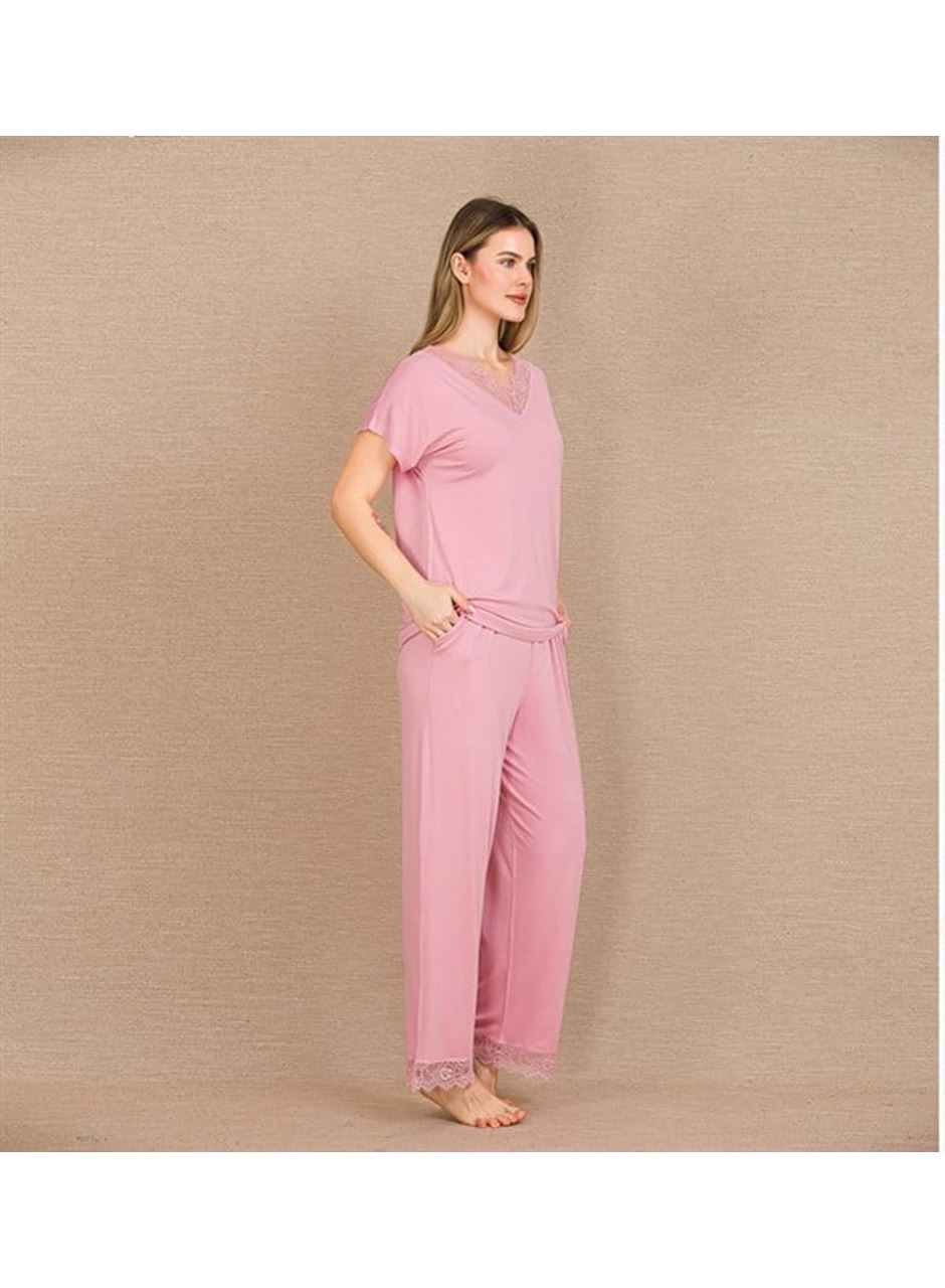 Viskon Şık Tasarım Dantel İşlemeli Pembe Kısa Kol Pijama Takımı