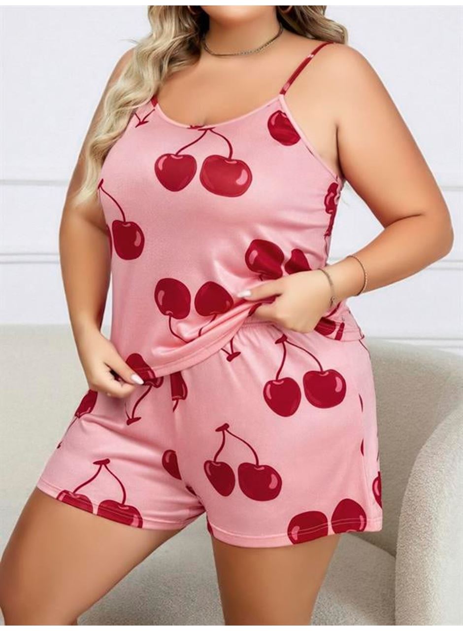 Büyük Beden Pembe Kiraz Desen İnce Askılı Pamuklu Şortlu Pijama Takımı